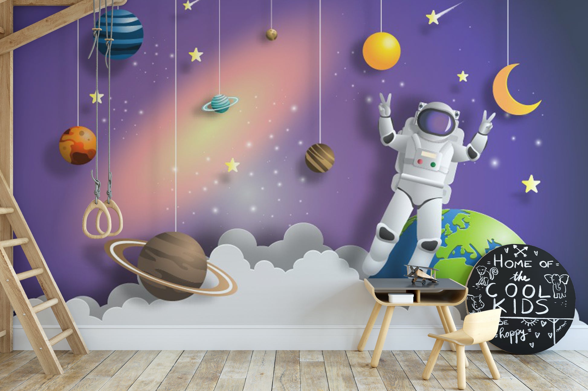 Astronaut mural inspiring curiosity with a cosmic space design.