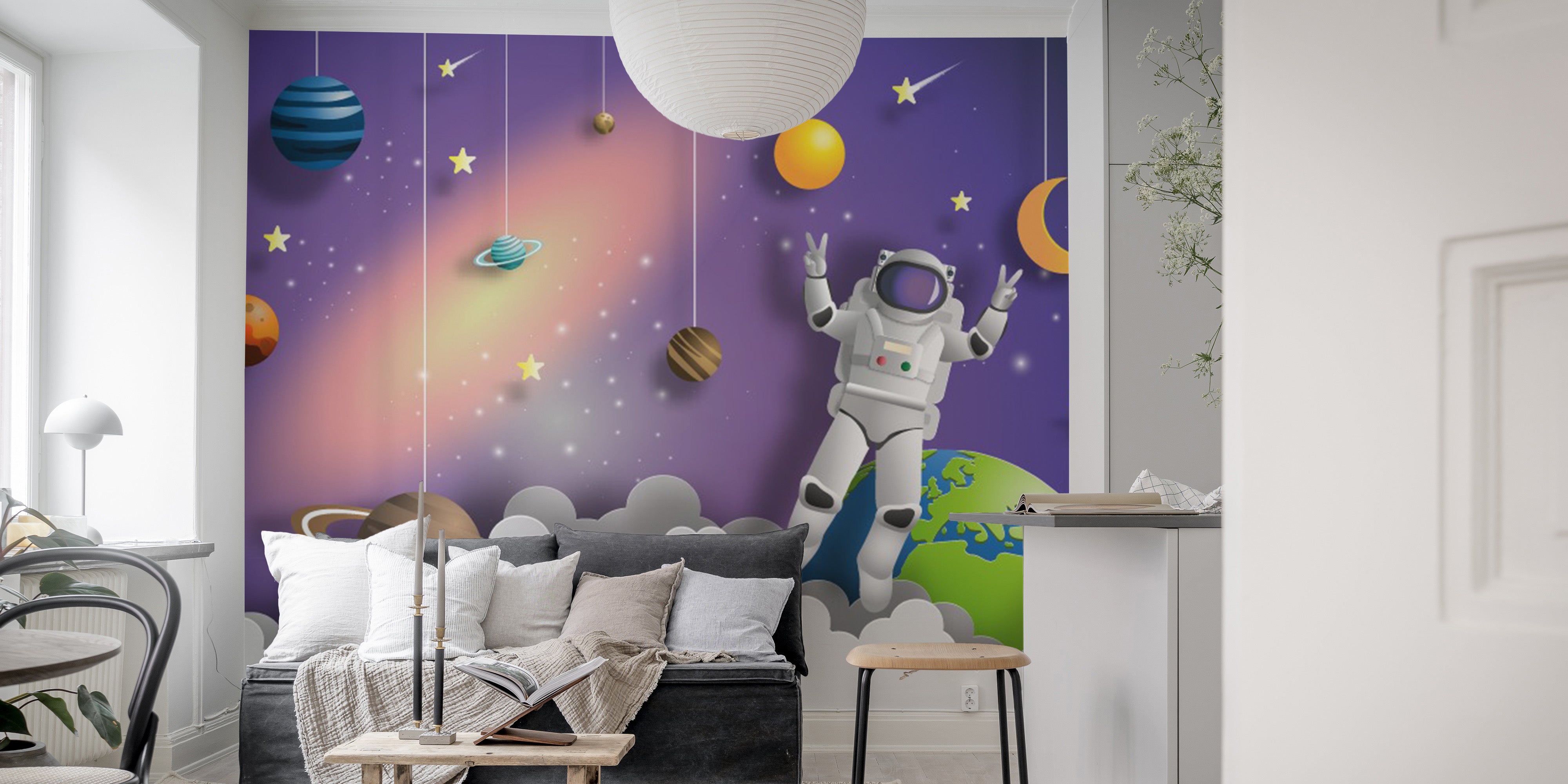 Cosmic-themed mural featuring astronauts and vibrant galaxies.
