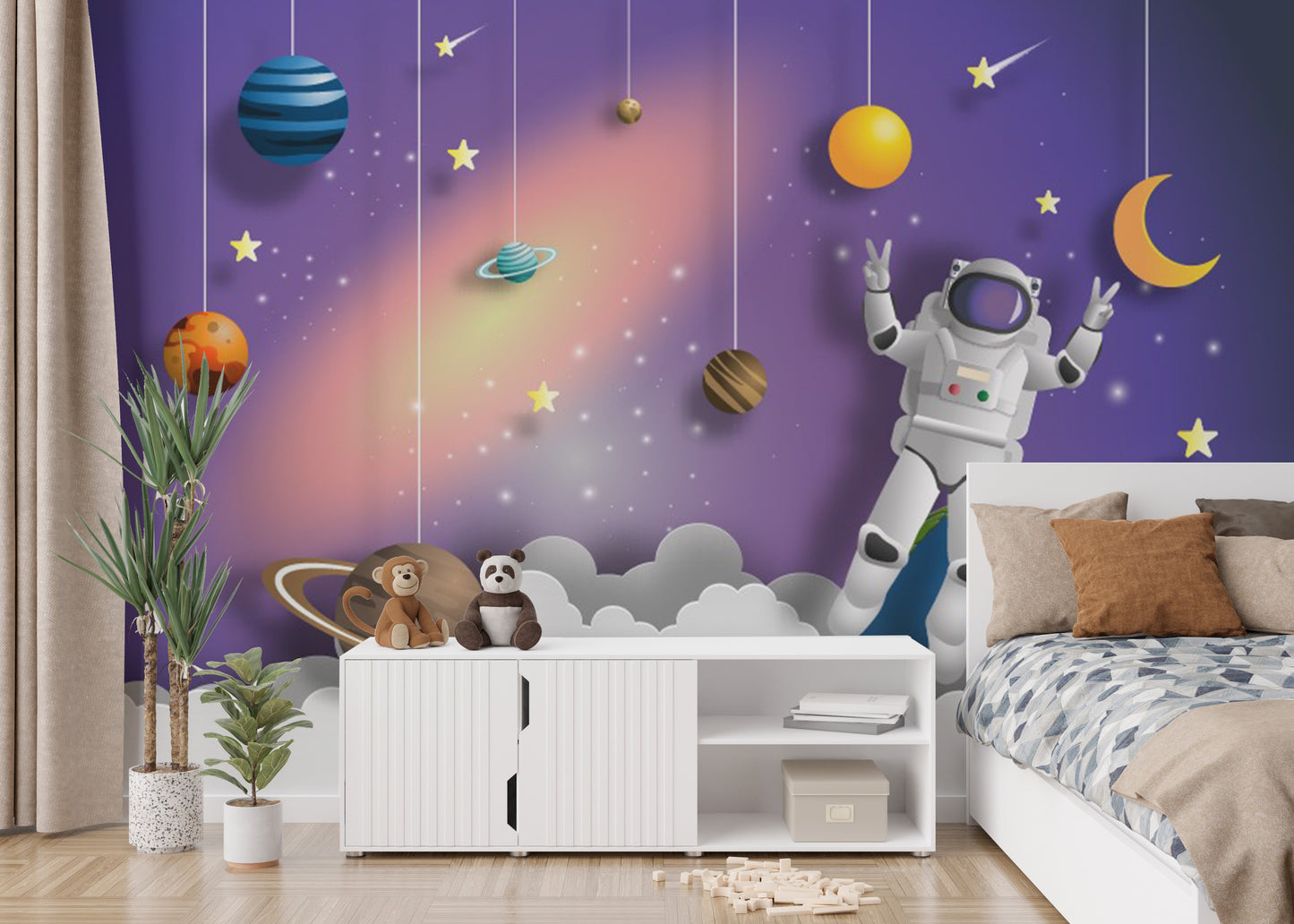 Space-themed mural with astronauts and celestial motifs for kids.
