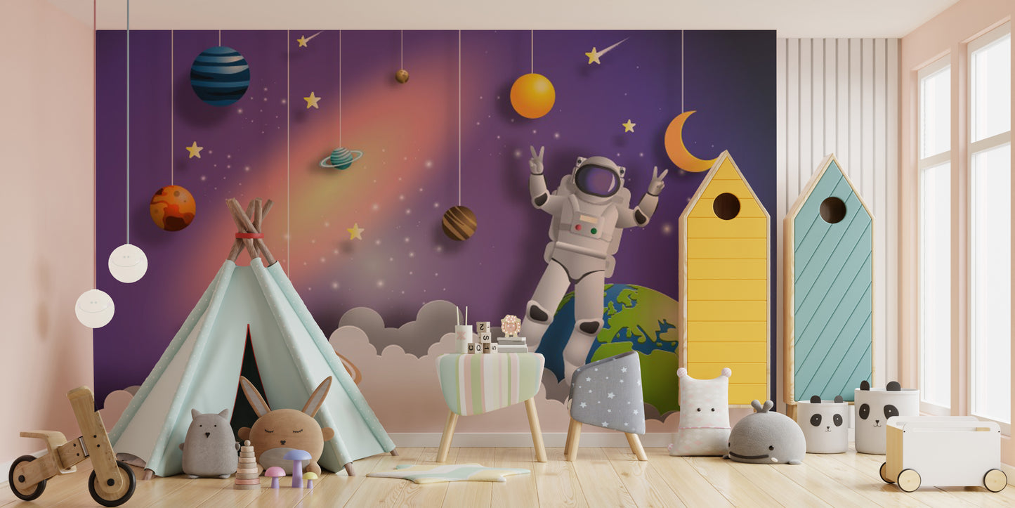 Outer space mural with astronauts, stars, and galaxies for walls.
