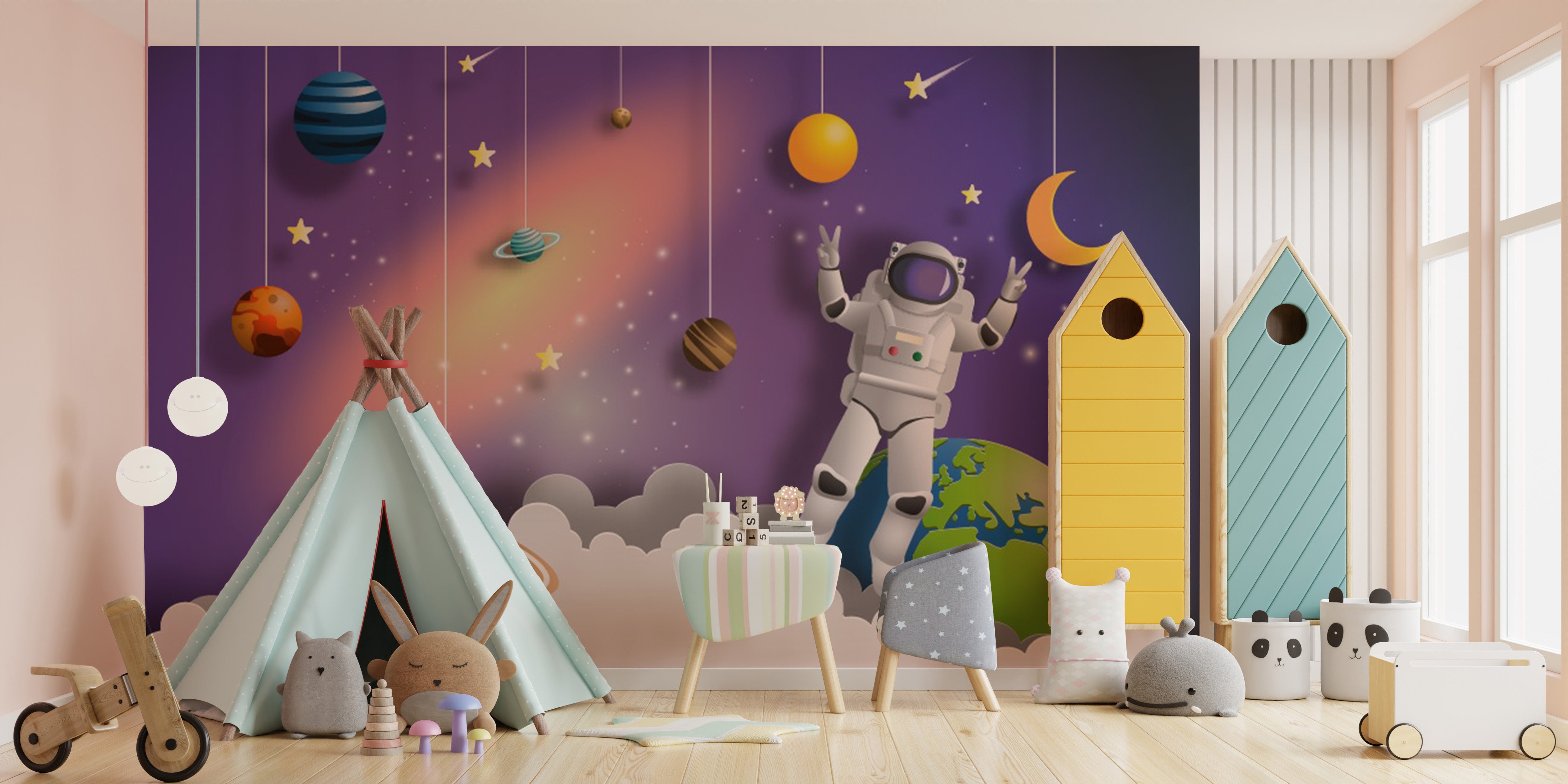 Outer space mural with astronauts, stars, and galaxies for walls.
