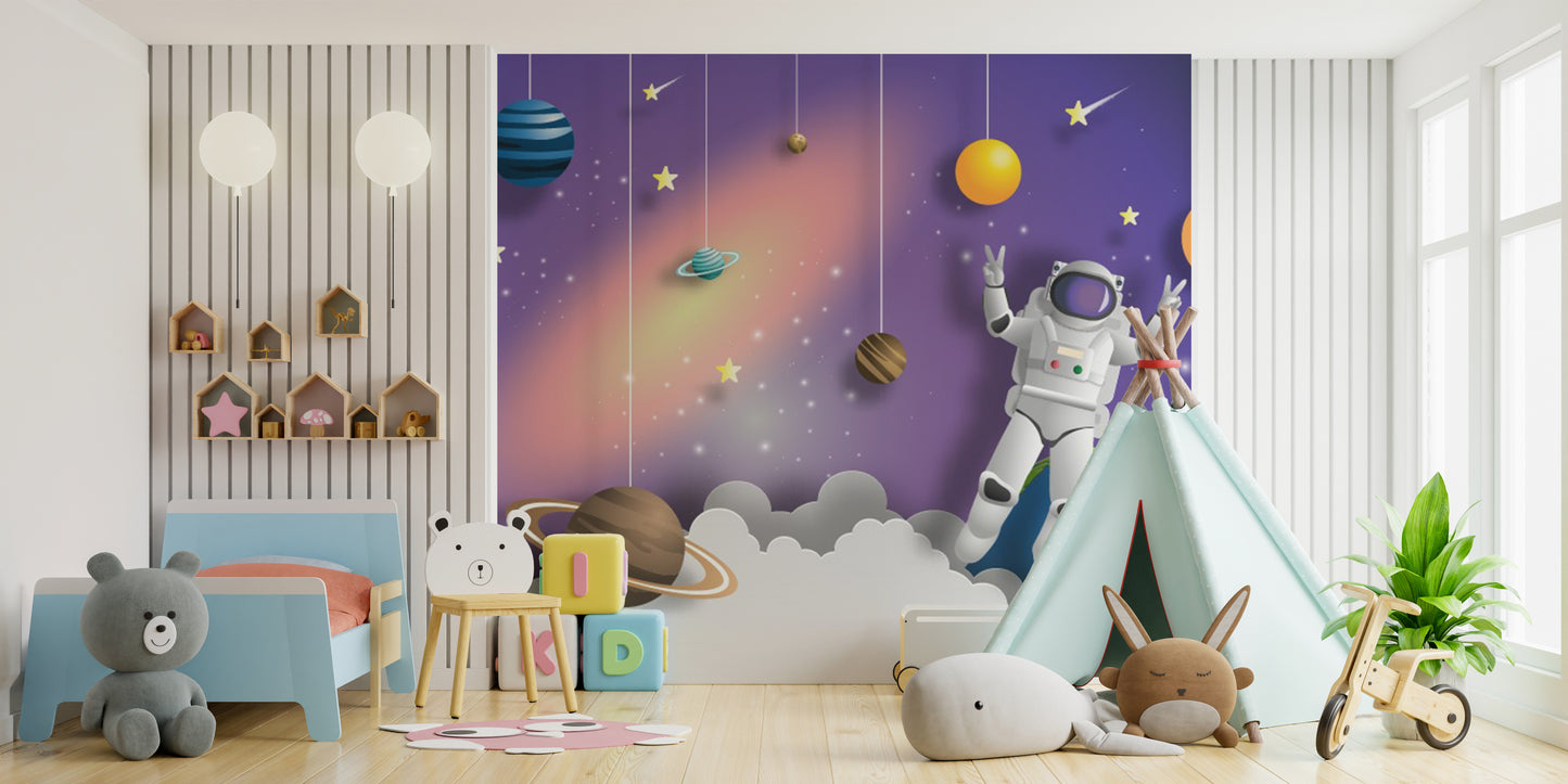 Cosmic explorer mural featuring astronauts floating in space.
