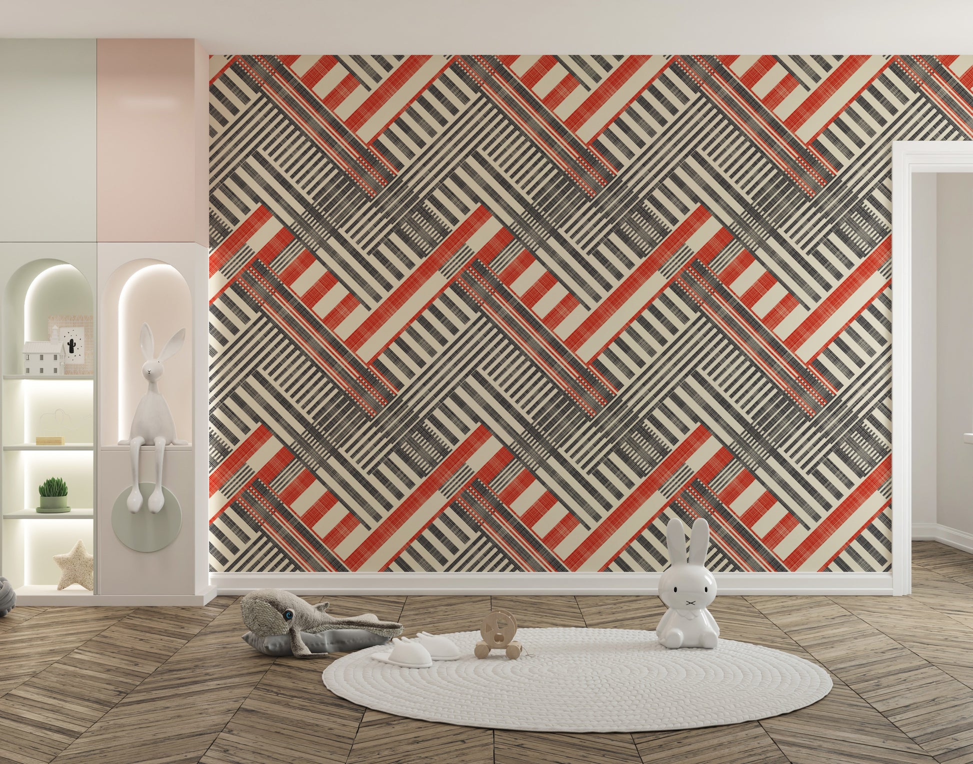 Artistic wallpaper with striped geometric patterns for walls.
