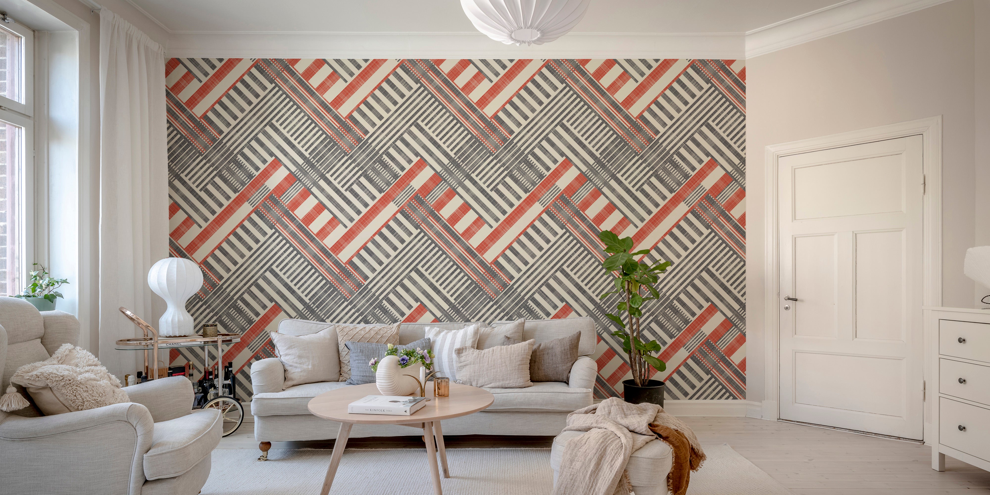 Striped geometric wallpaper adding elegance to stylish interiors.
