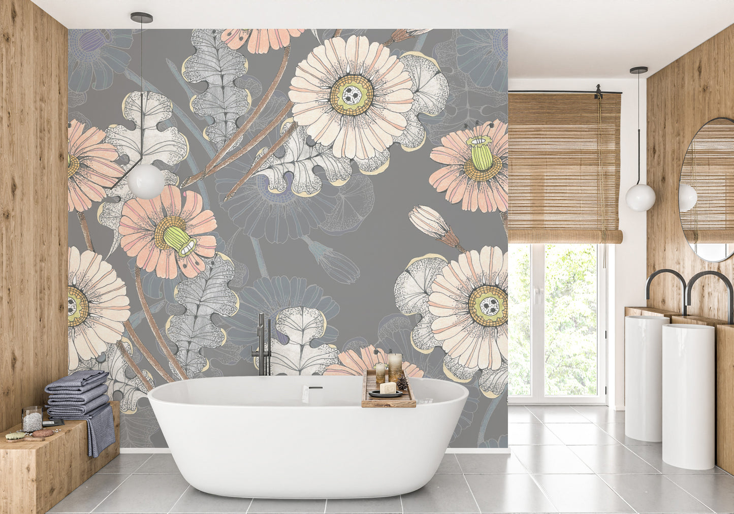 Artistic flower mural inspired by a botanical sketchbook design.
