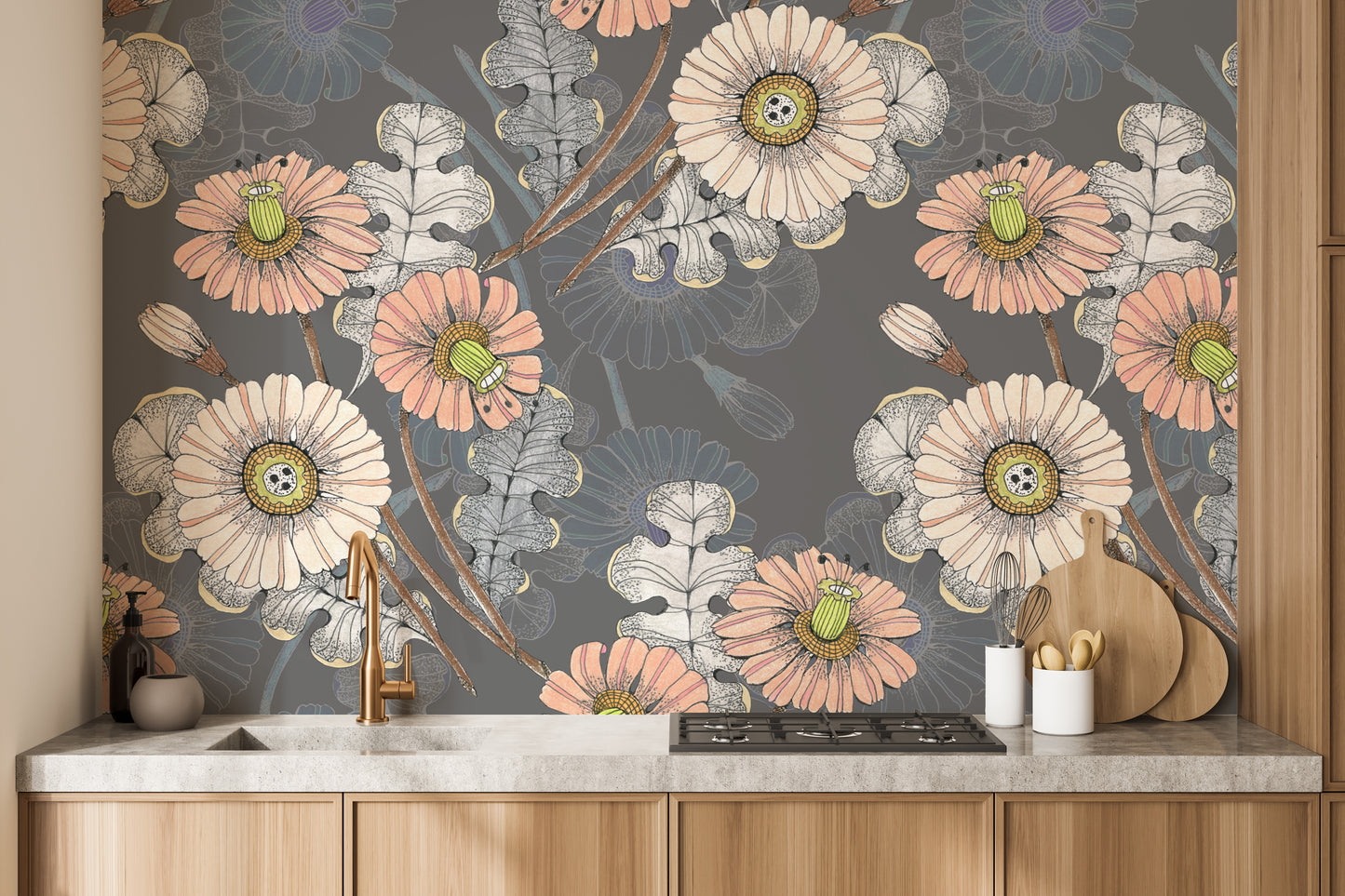 Artistic mural featuring sketchbook floral designs for interiors.