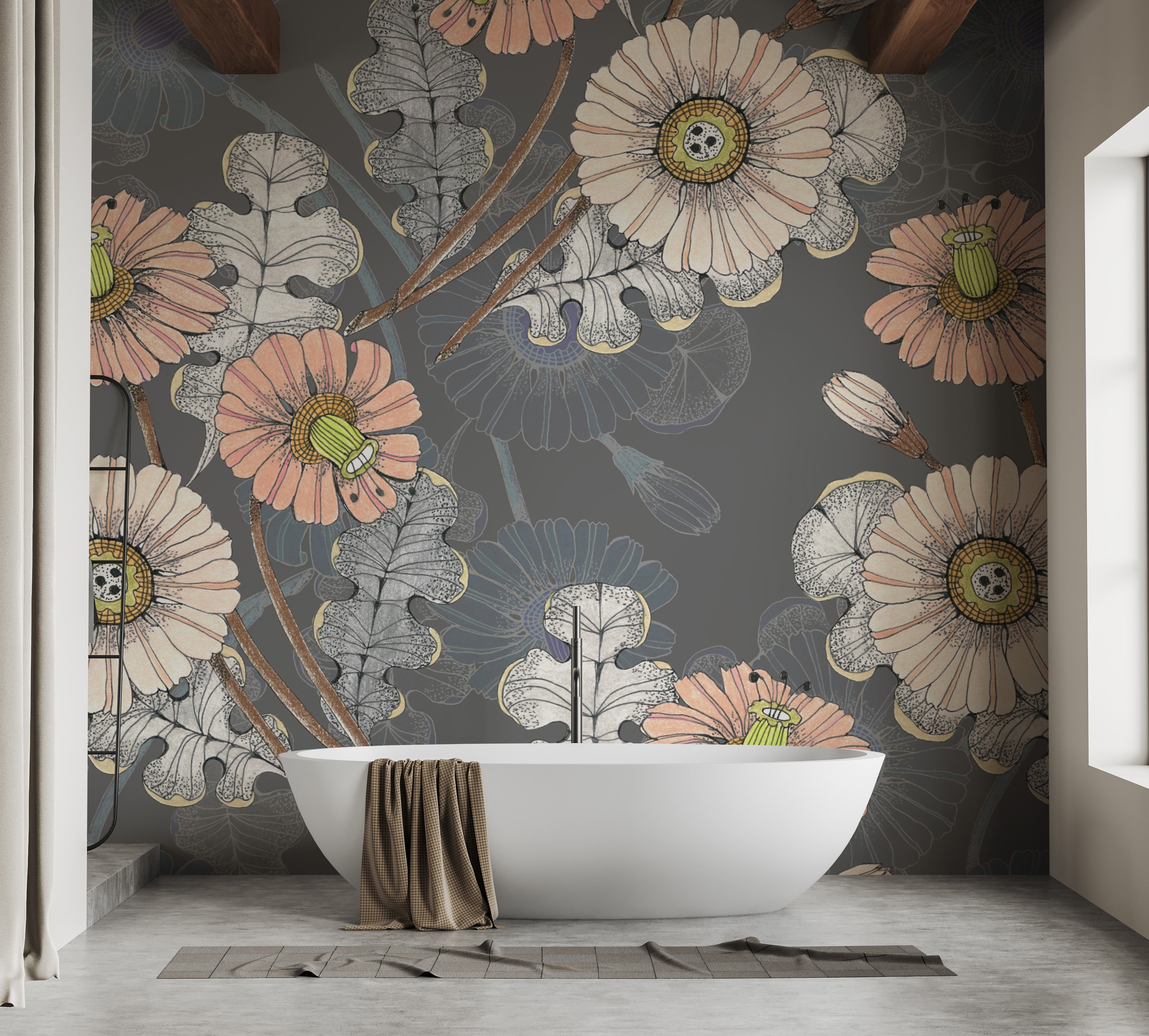 Botanical sketch flower mural for chic and natural wall decor.
