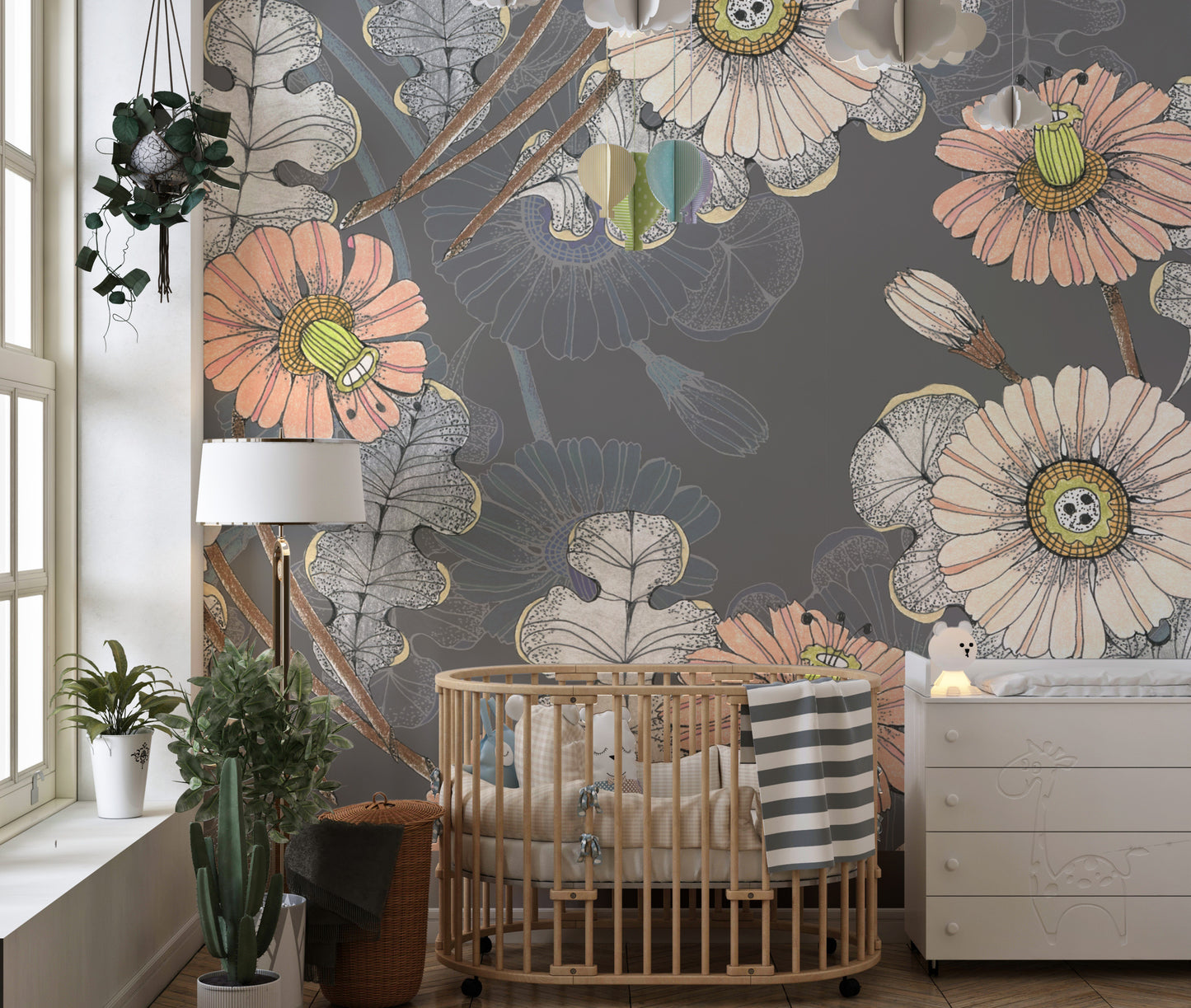 Sketchbook-inspired mural with detailed botanical flower art.
