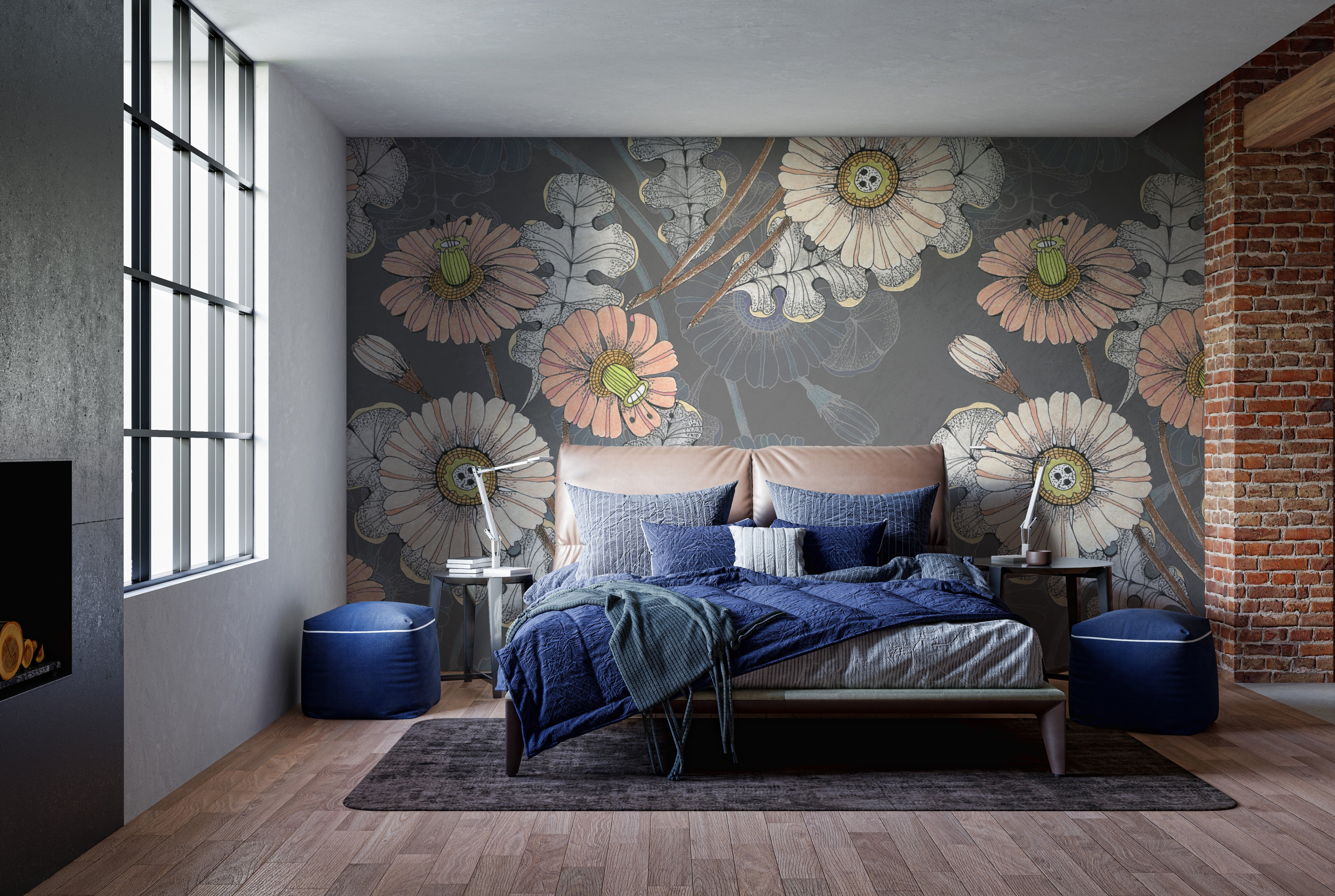 Botanical mural showcasing sketched flowers for stylish interiors.
