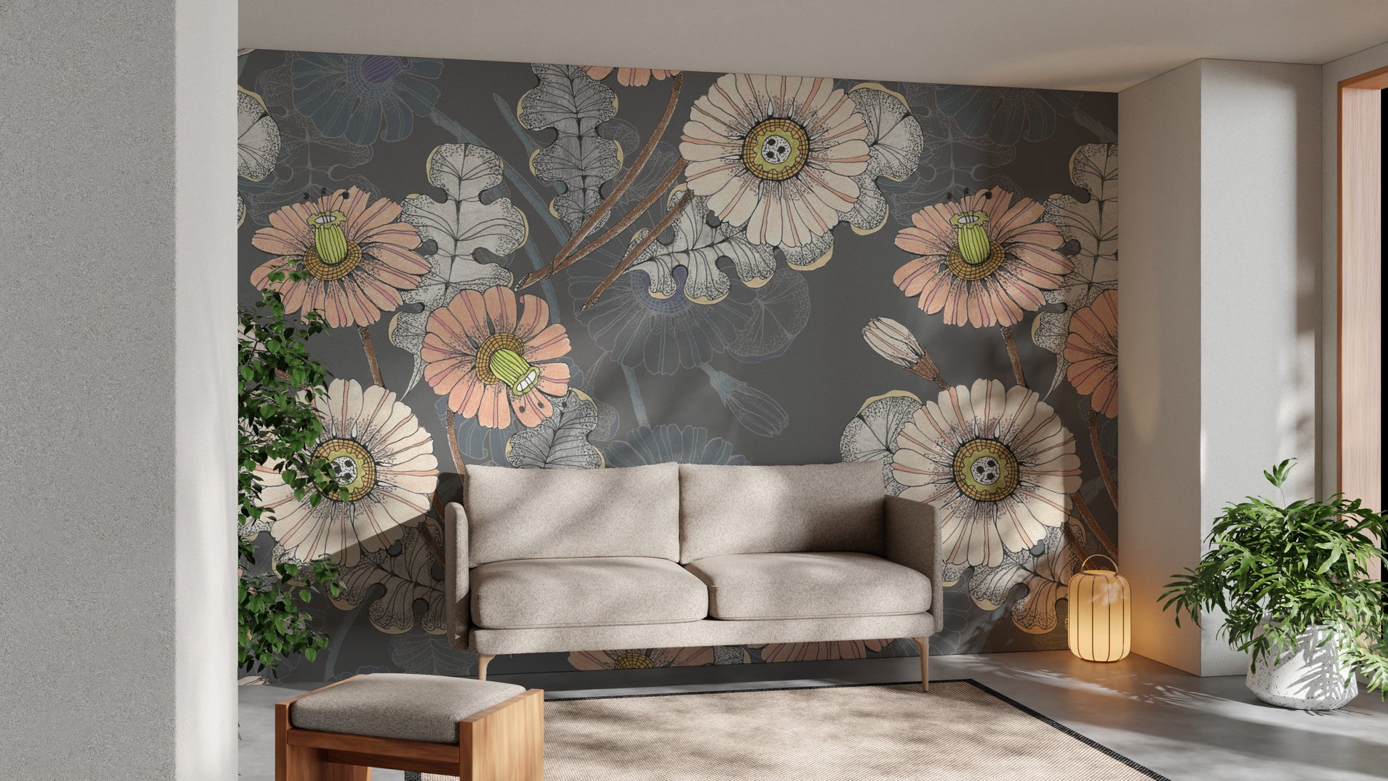 Elegant sketchbook-style flower mural for serene wall decor.
