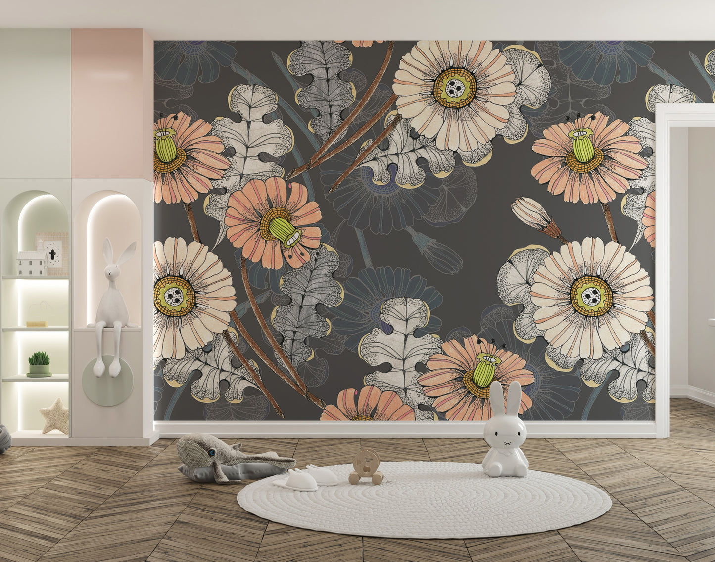 Botanical wallpaper mural featuring sketched floral patterns.
