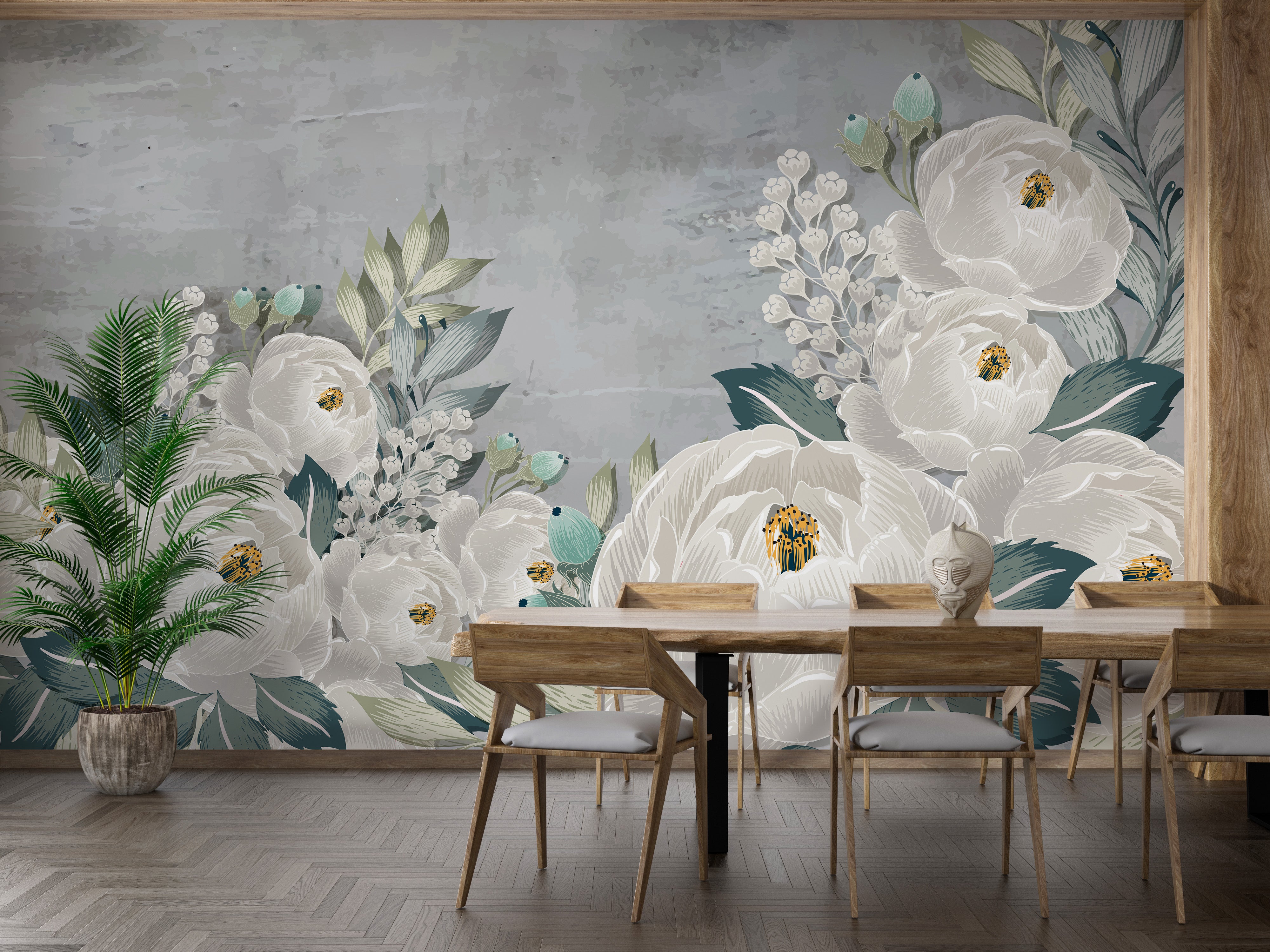 Artistic wallpaper featuring graceful peony sketches with grunge.
