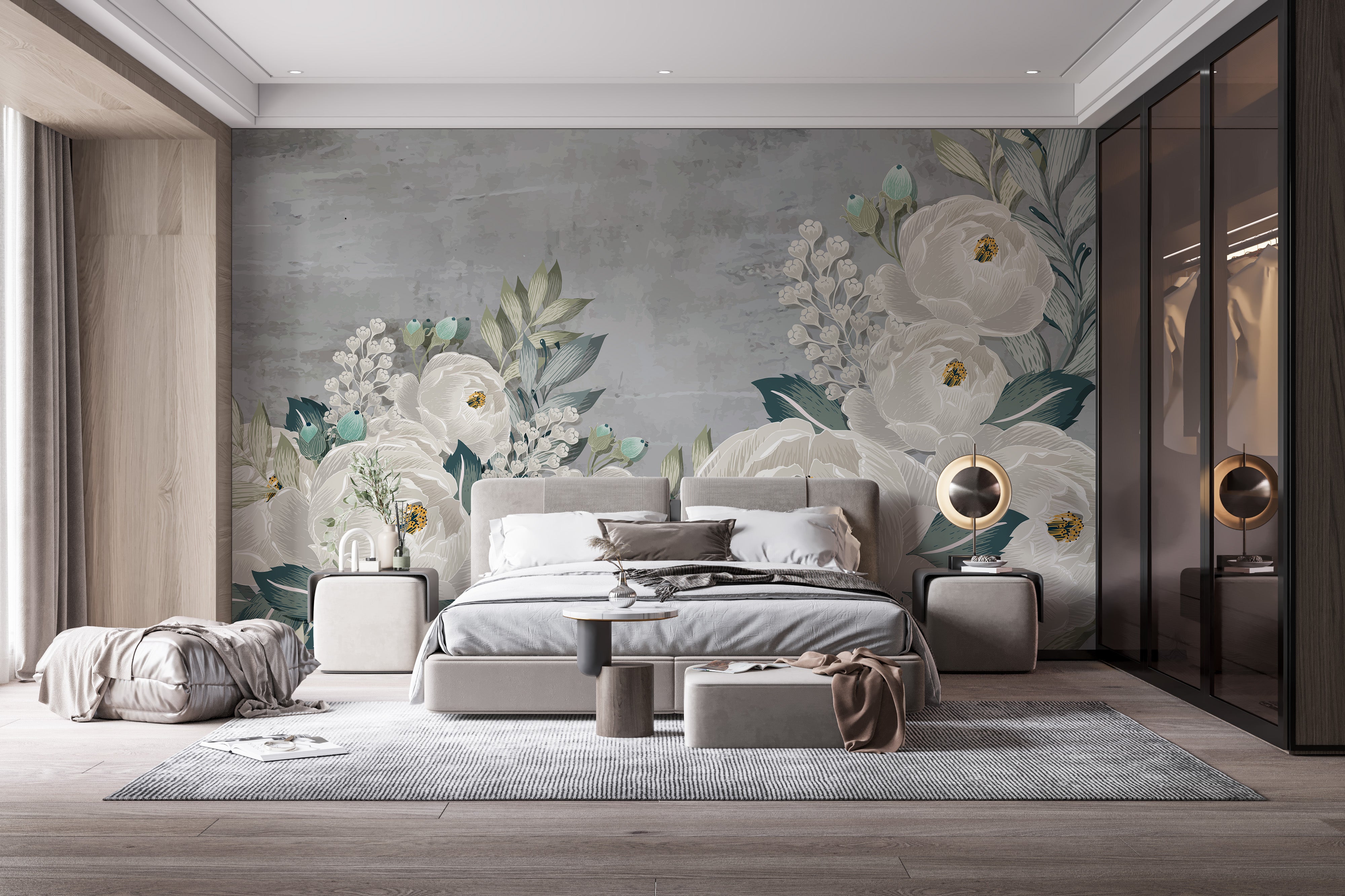 Artistic grunge wallpaper with peony sketches for chic decor.
