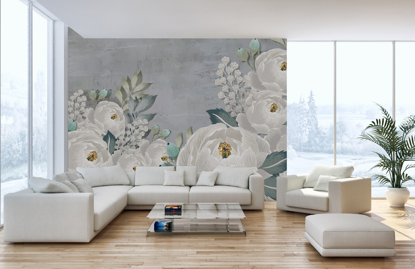 Graceful peony sketch wallpaper for modern and edgy interiors.
