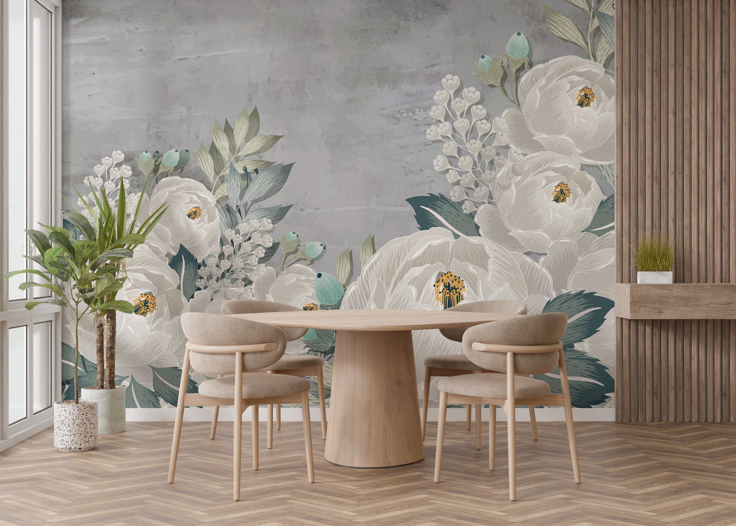 Grunge-style wallpaper featuring delicate peony sketch details.
