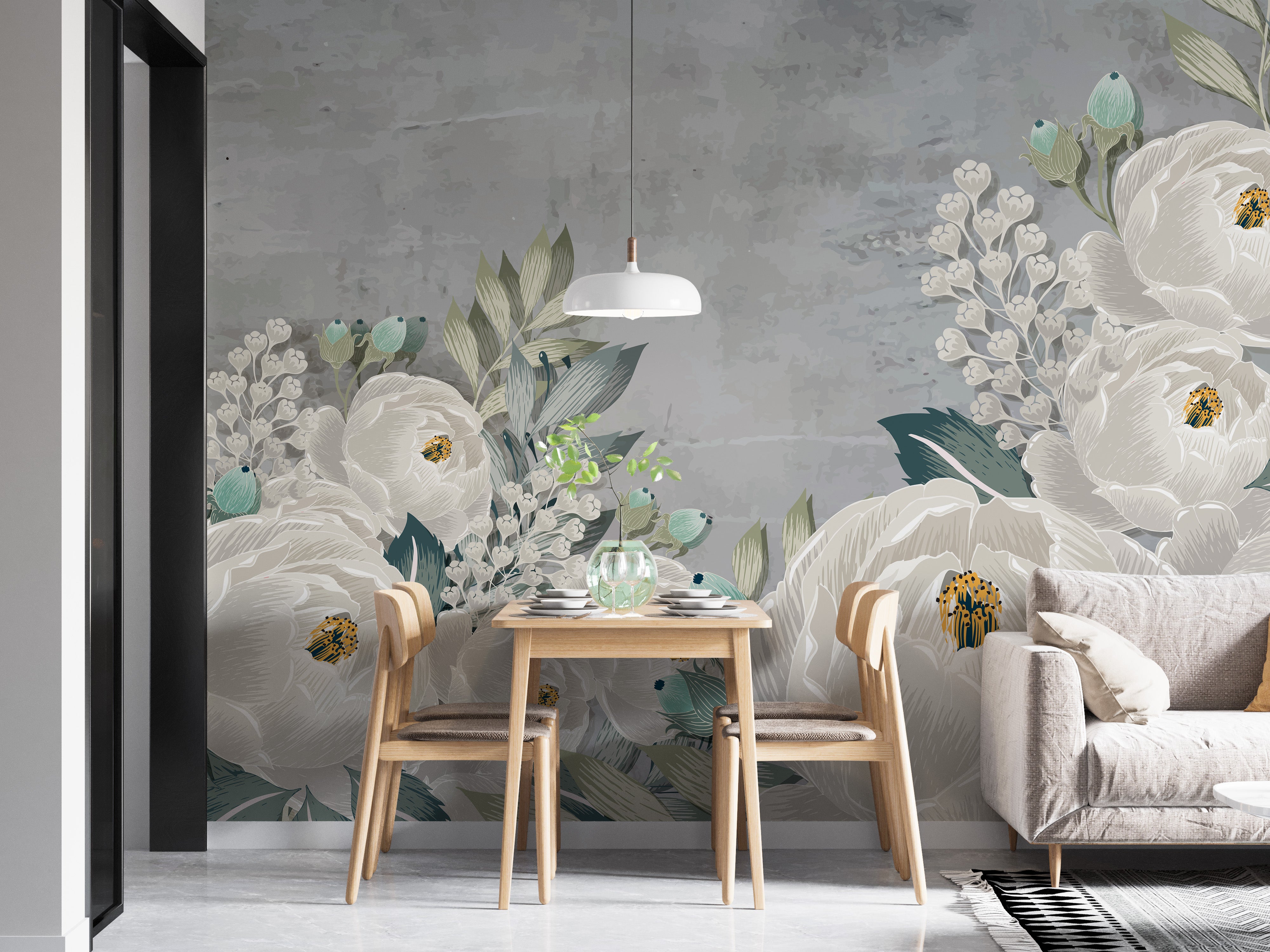 Grunge-inspired wallpaper with artistic peony sketch designs.
