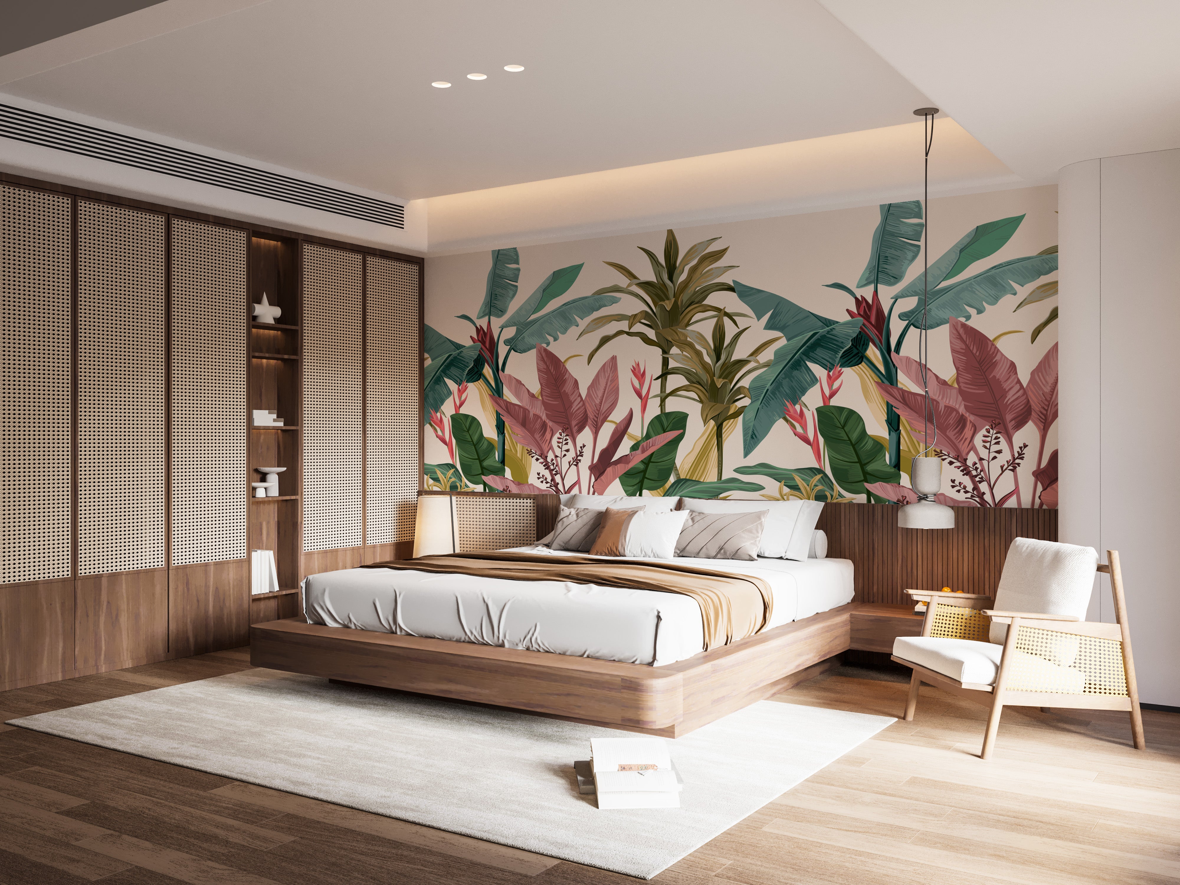 Tropical mural featuring lush banana leaves for lively interiors.