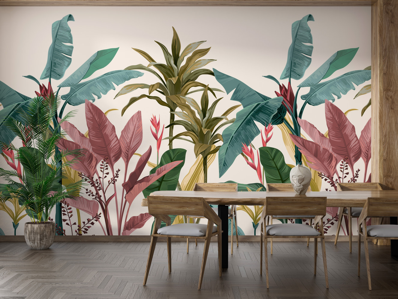 Tropical bliss mural with vibrant banana leaves for lively walls.
