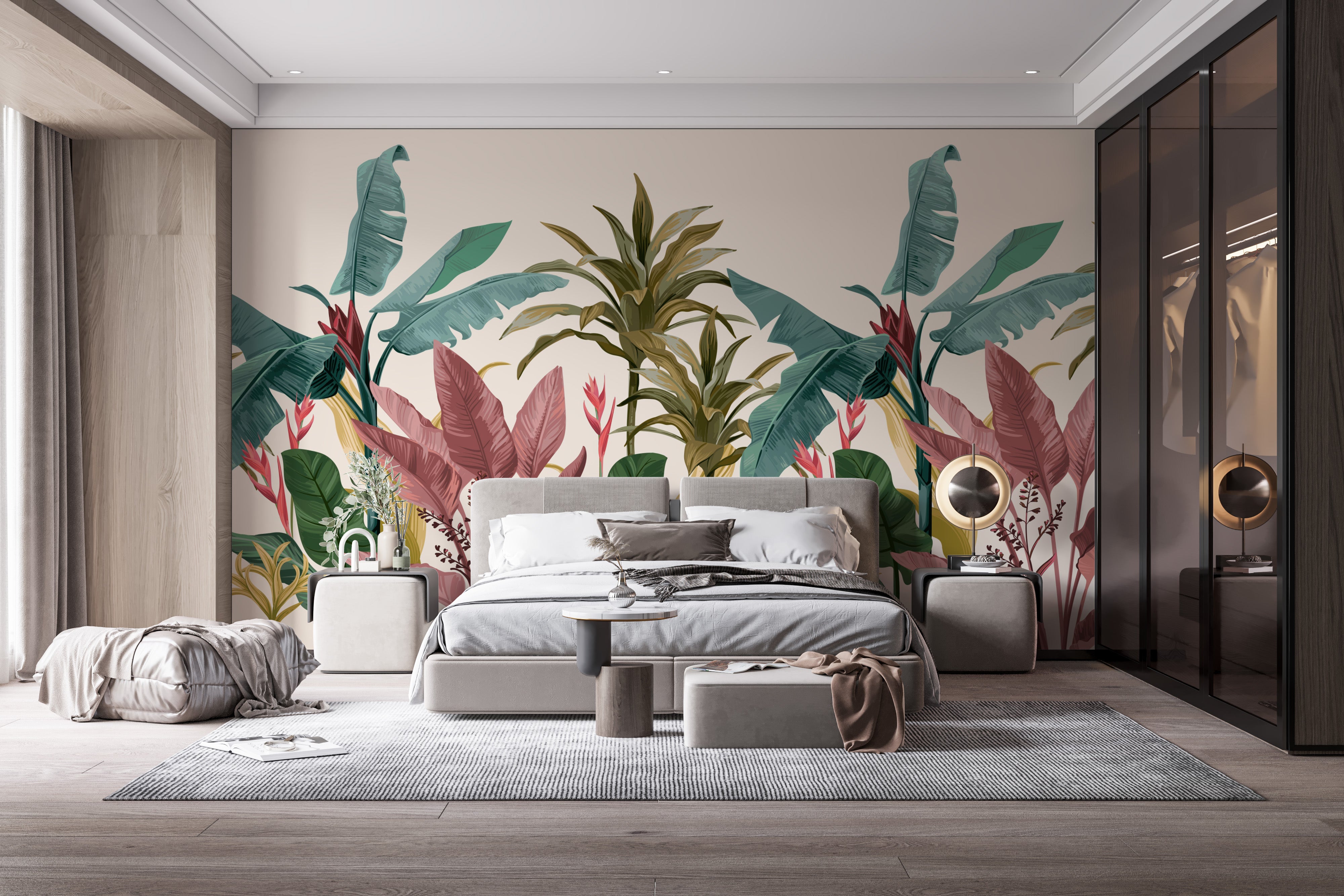 Banana leaves mural creating a tropical ambiance for walls.
