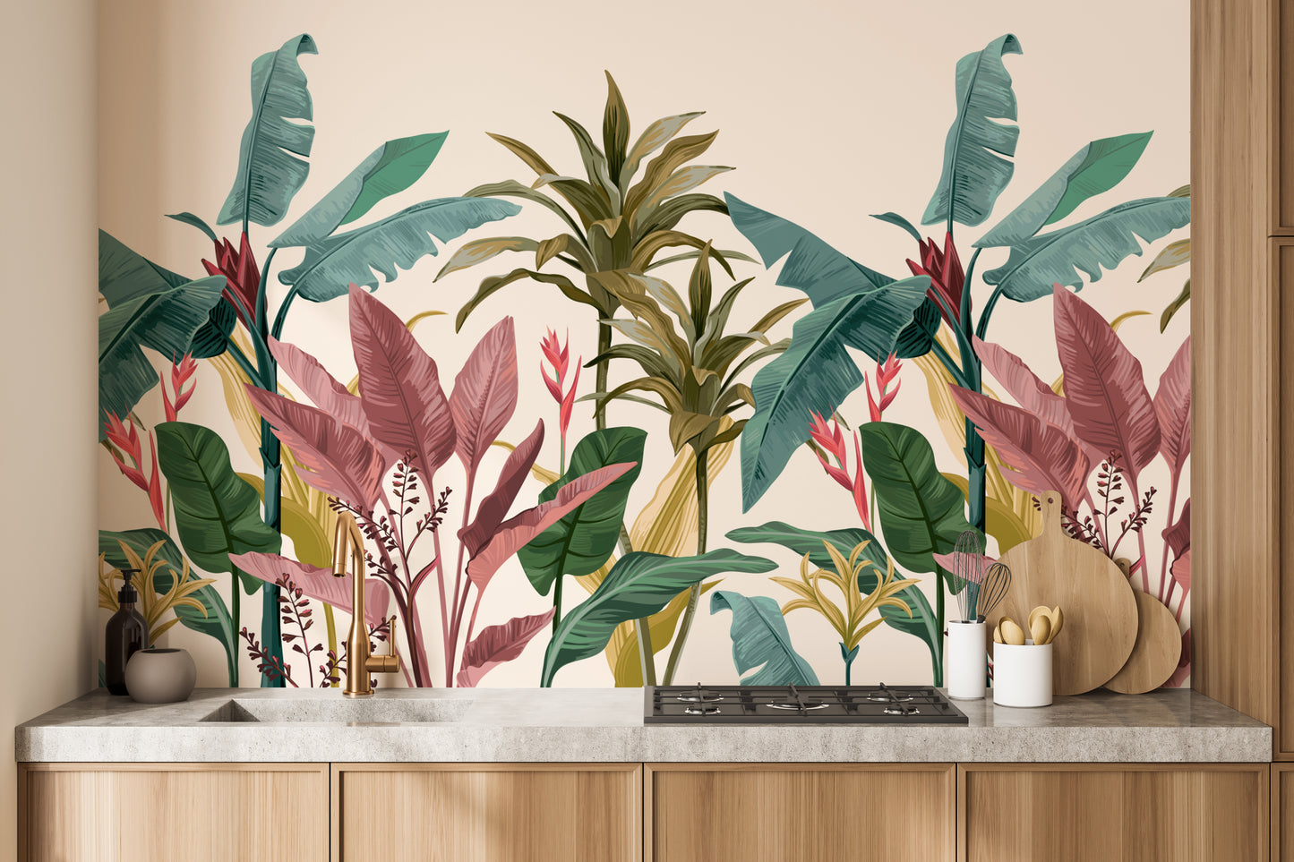 Tropical-themed mural with banana leaves for calming wall decor.
