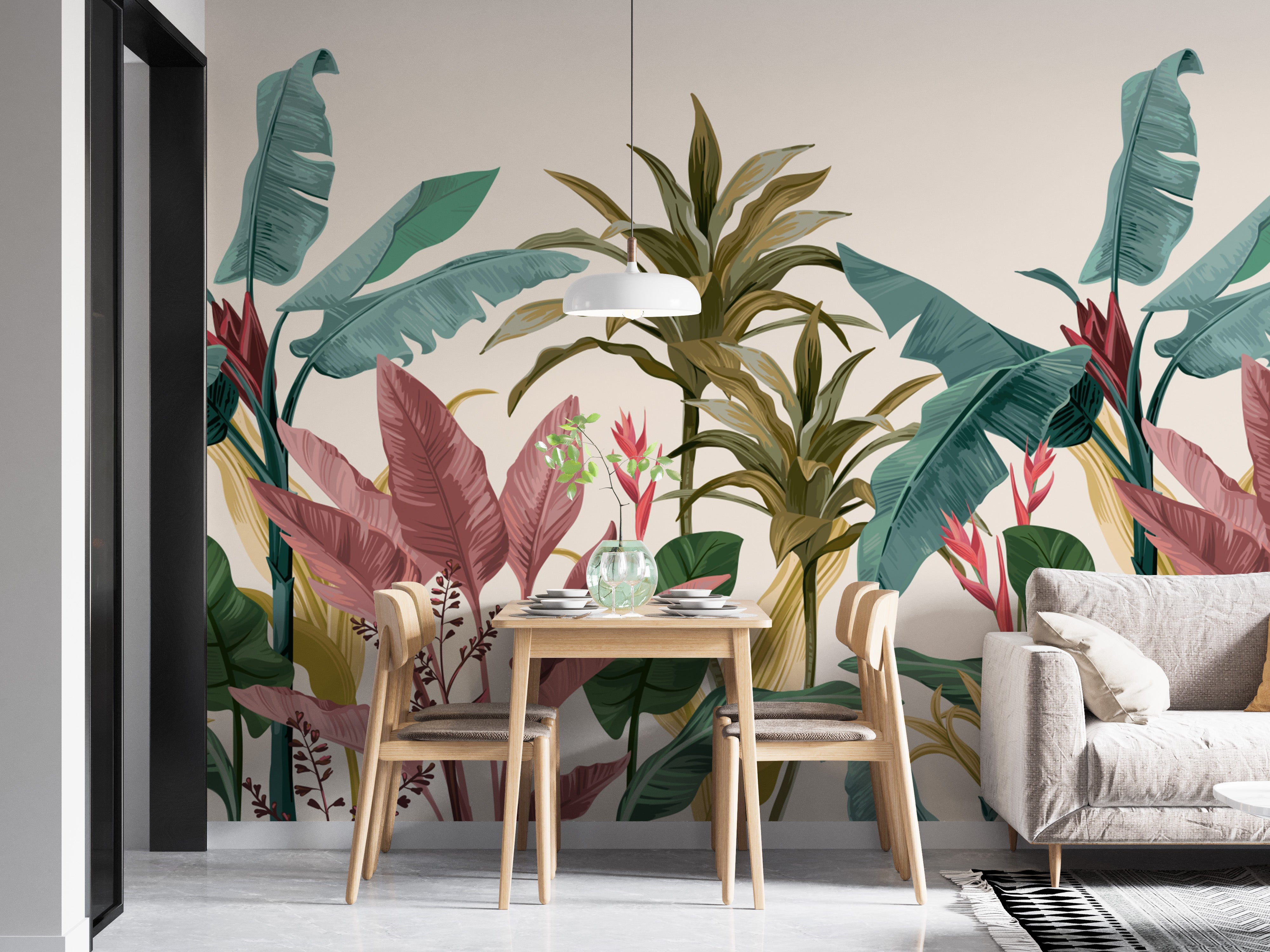 Vibrant mural of tropical banana leaves for serene and chic decor.
