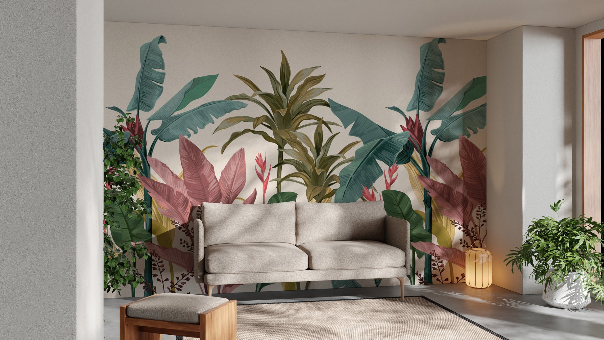 Tropical mural with bold banana leaves for stylish wall interiors.
