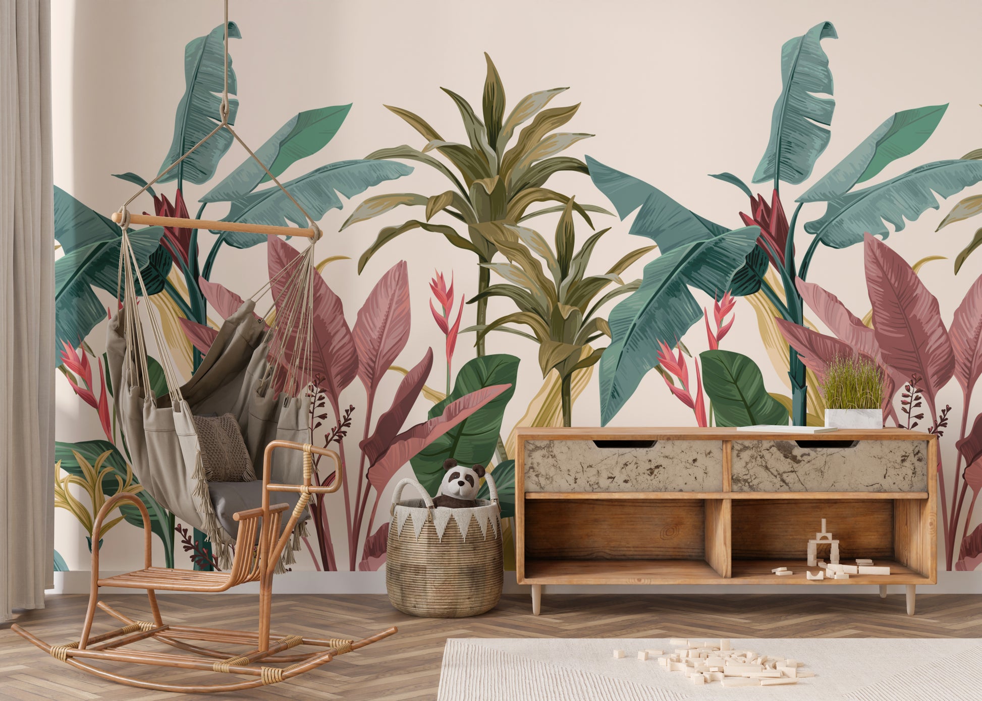 Banana leaves mural showcasing lush tropical vibes for decor.
