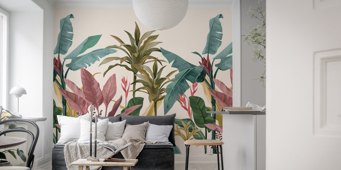 Artistic mural featuring banana leaves in a tropical bliss design.
