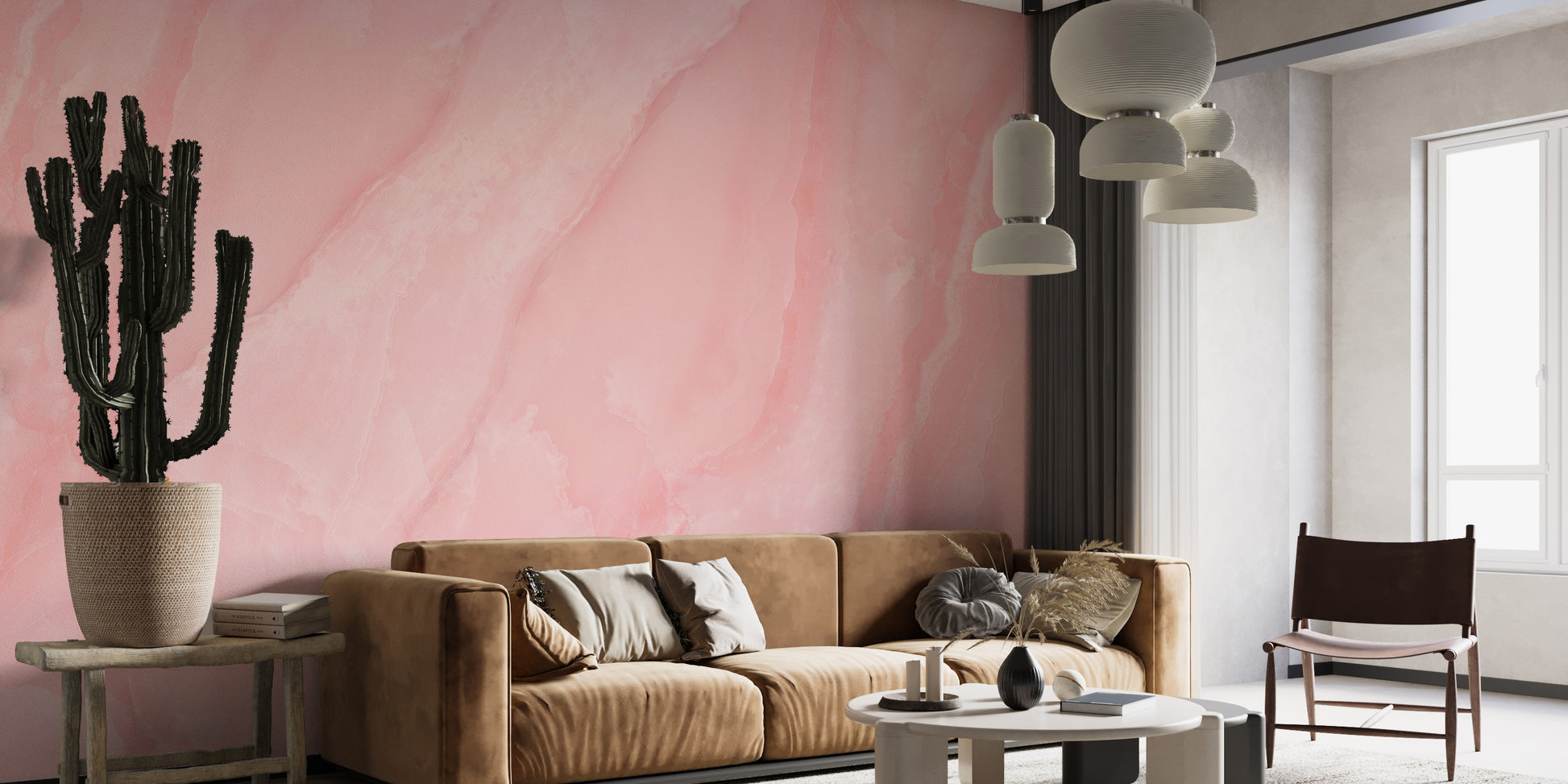 Rose quartz marble mural adding elegance to contemporary walls.
