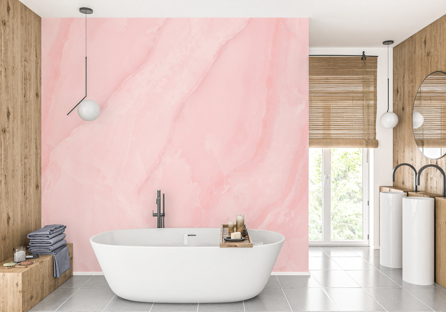 Artistic rose quartz mural showcasing luxurious marble patterns.
