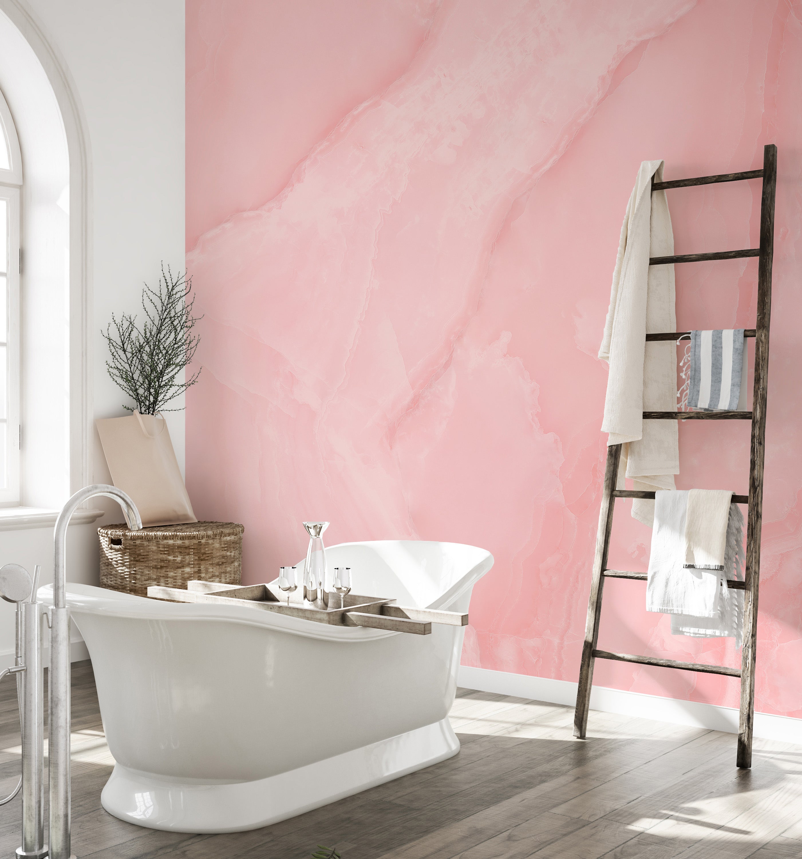 Elegant rose quartz marble mural for chic and modern wall decor.
