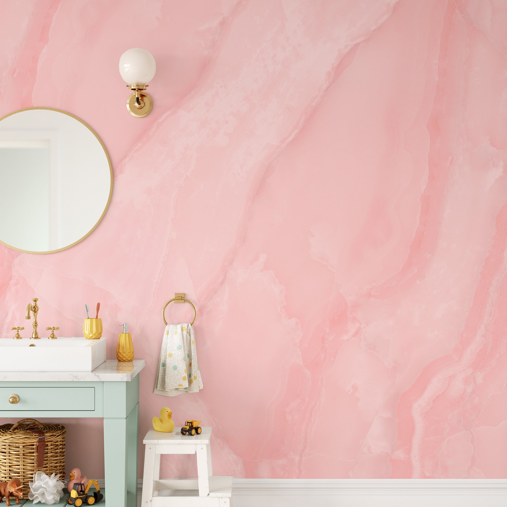 Luxurious rose quartz marble mural for timeless and chic walls.
