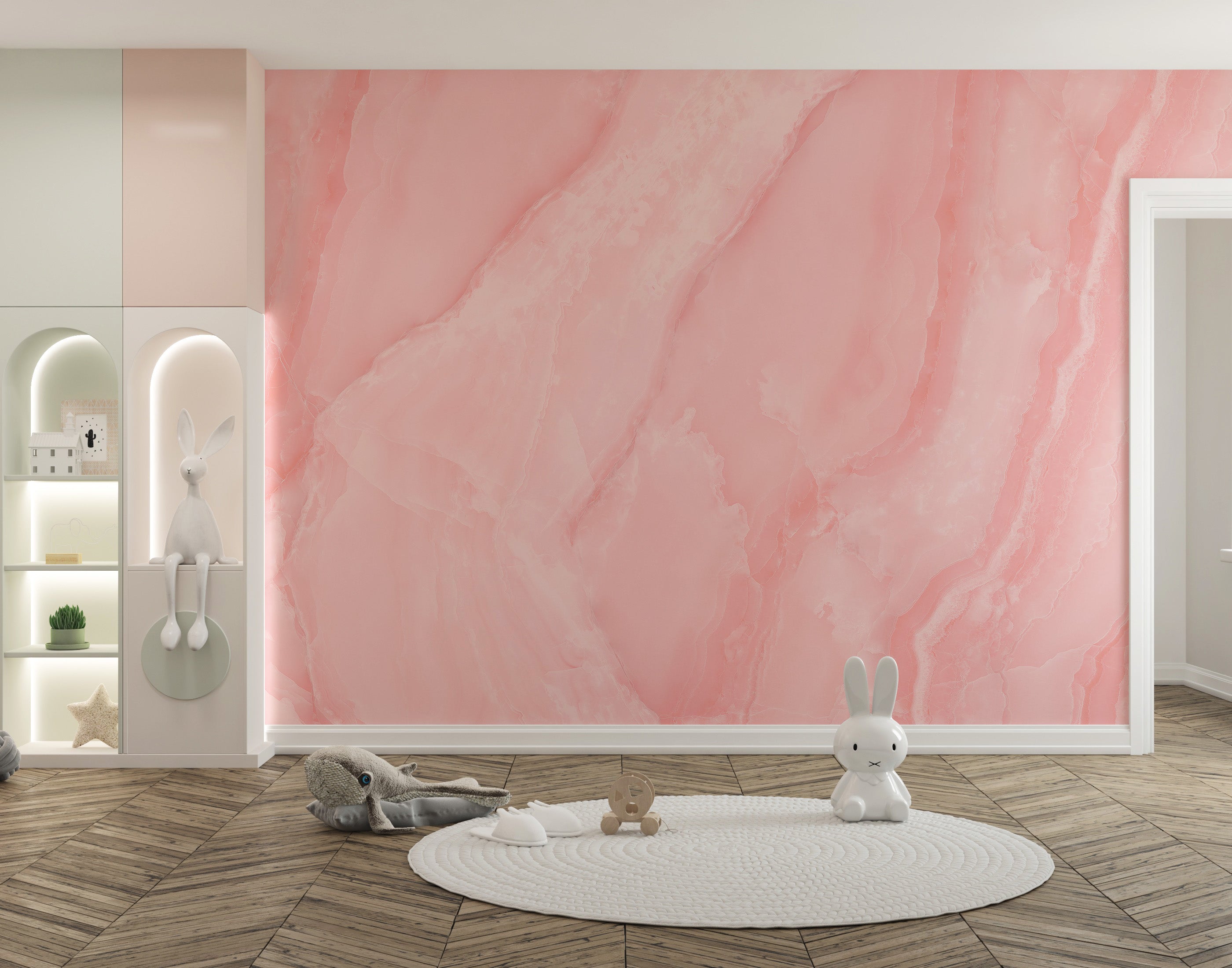 Marble-effect mural in rose quartz tones for refined interiors.
