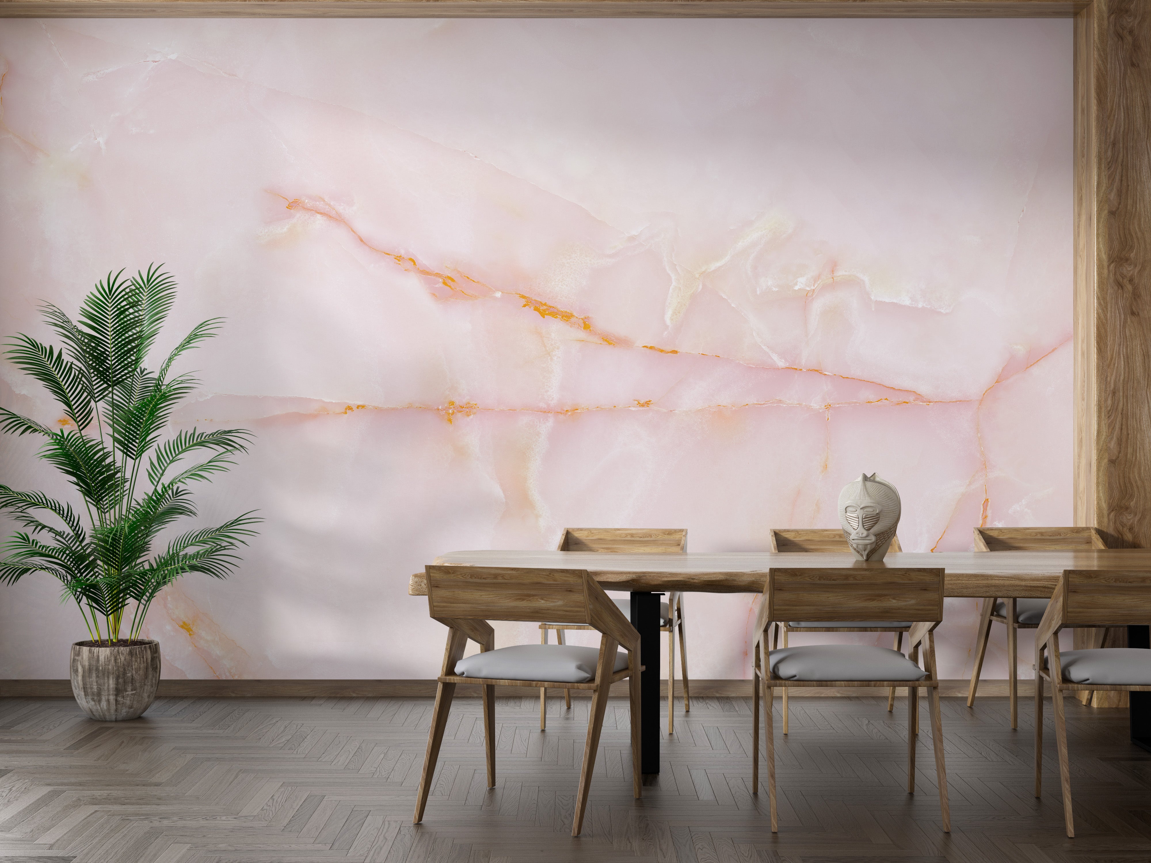 Pink onyx marble wallpaper mural with soft and luxurious patterns.
