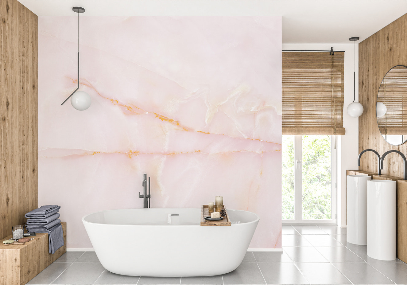 Blushing pink onyx marble mural for elegant and modern interiors.
