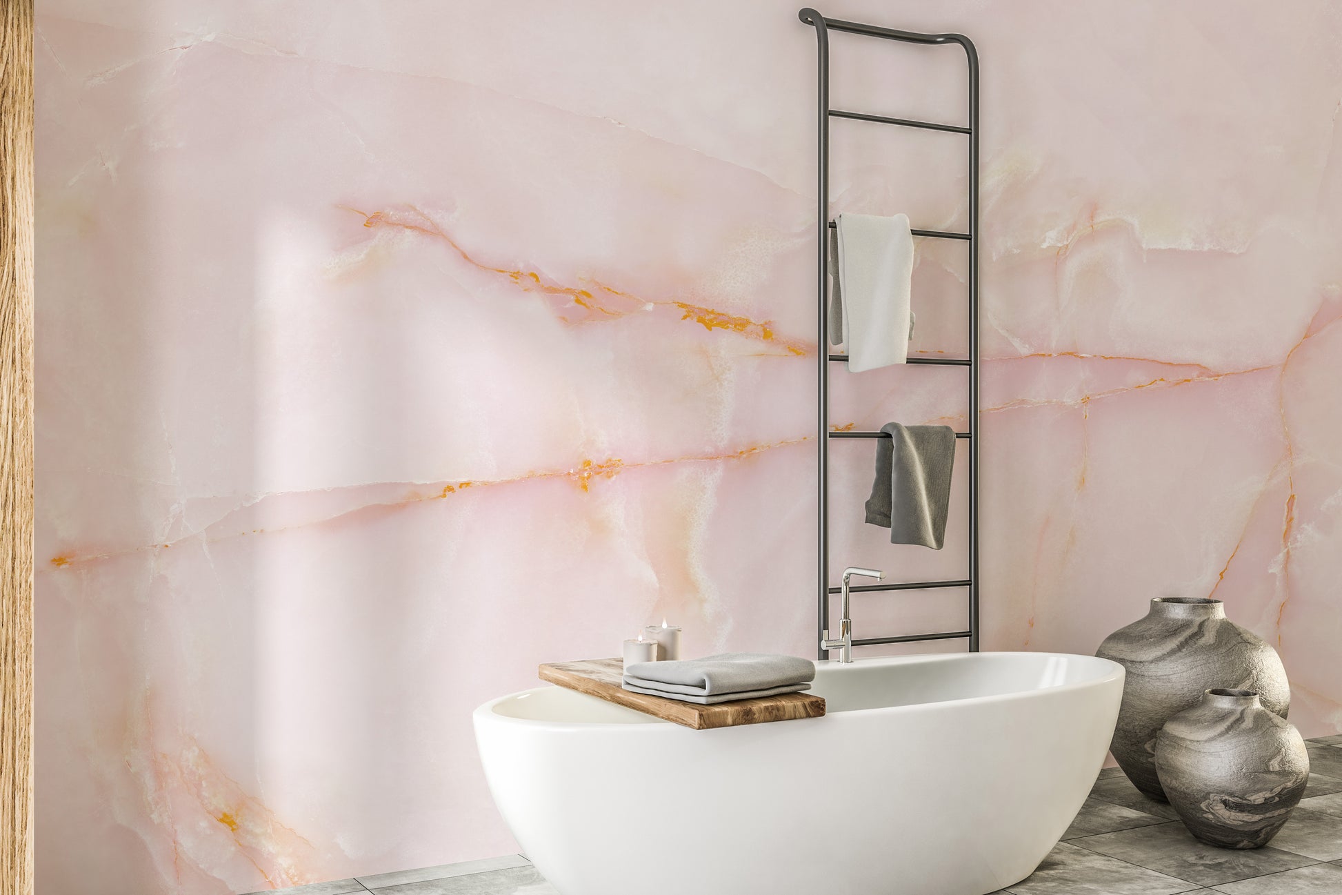 Blushing pink onyx marble mural for timeless and stylish decor.
