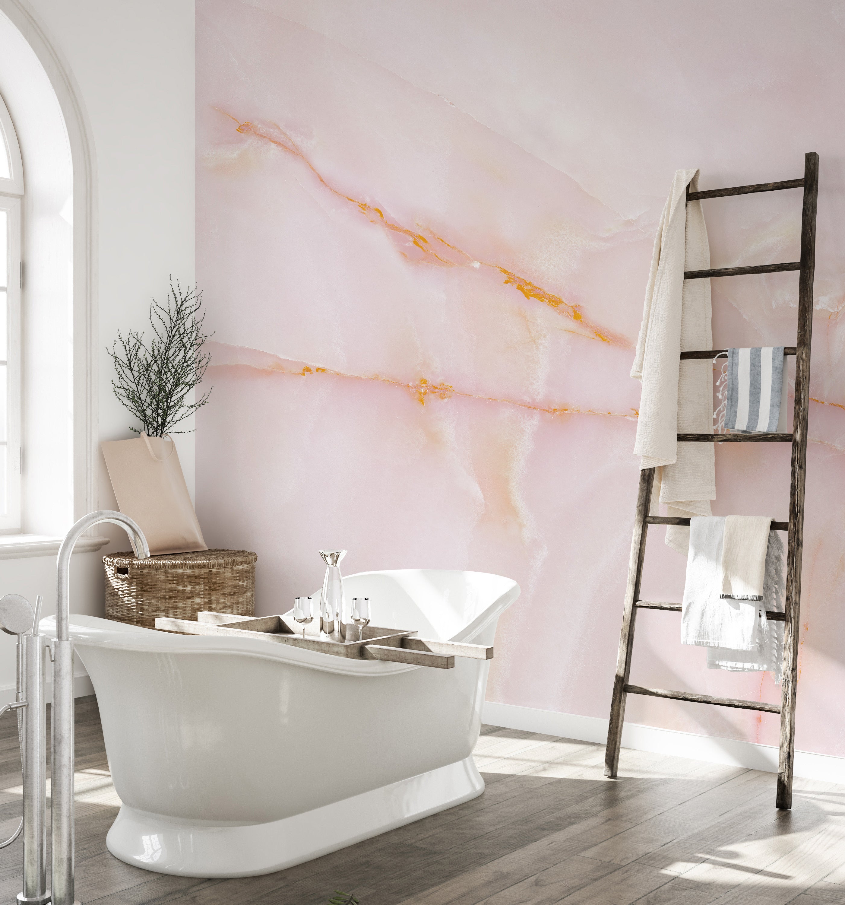 Soft pink onyx marble mural for refined and graceful wall spaces.
