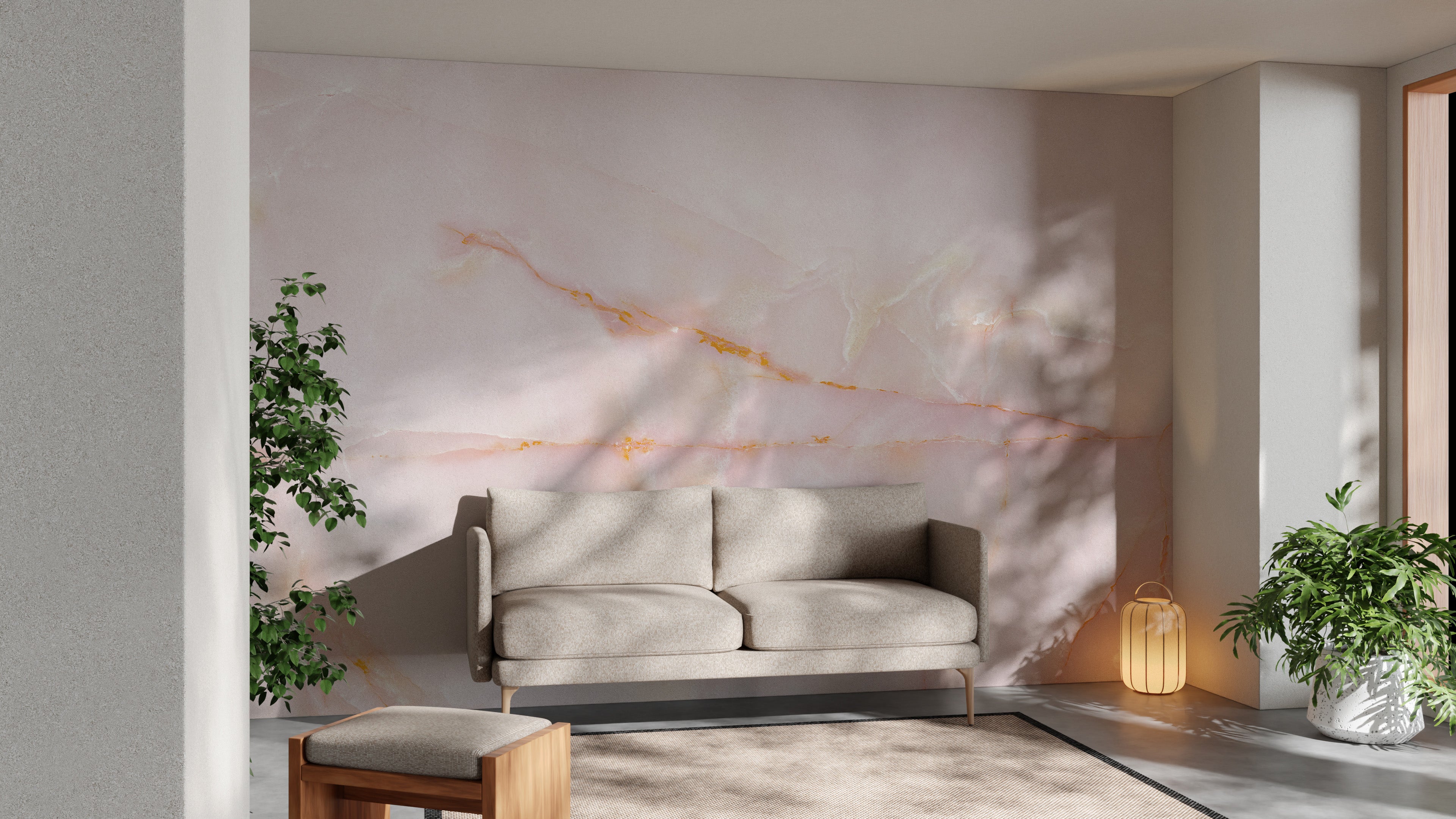 Onyx marble wallpaper mural with delicate pink tones for decor.
