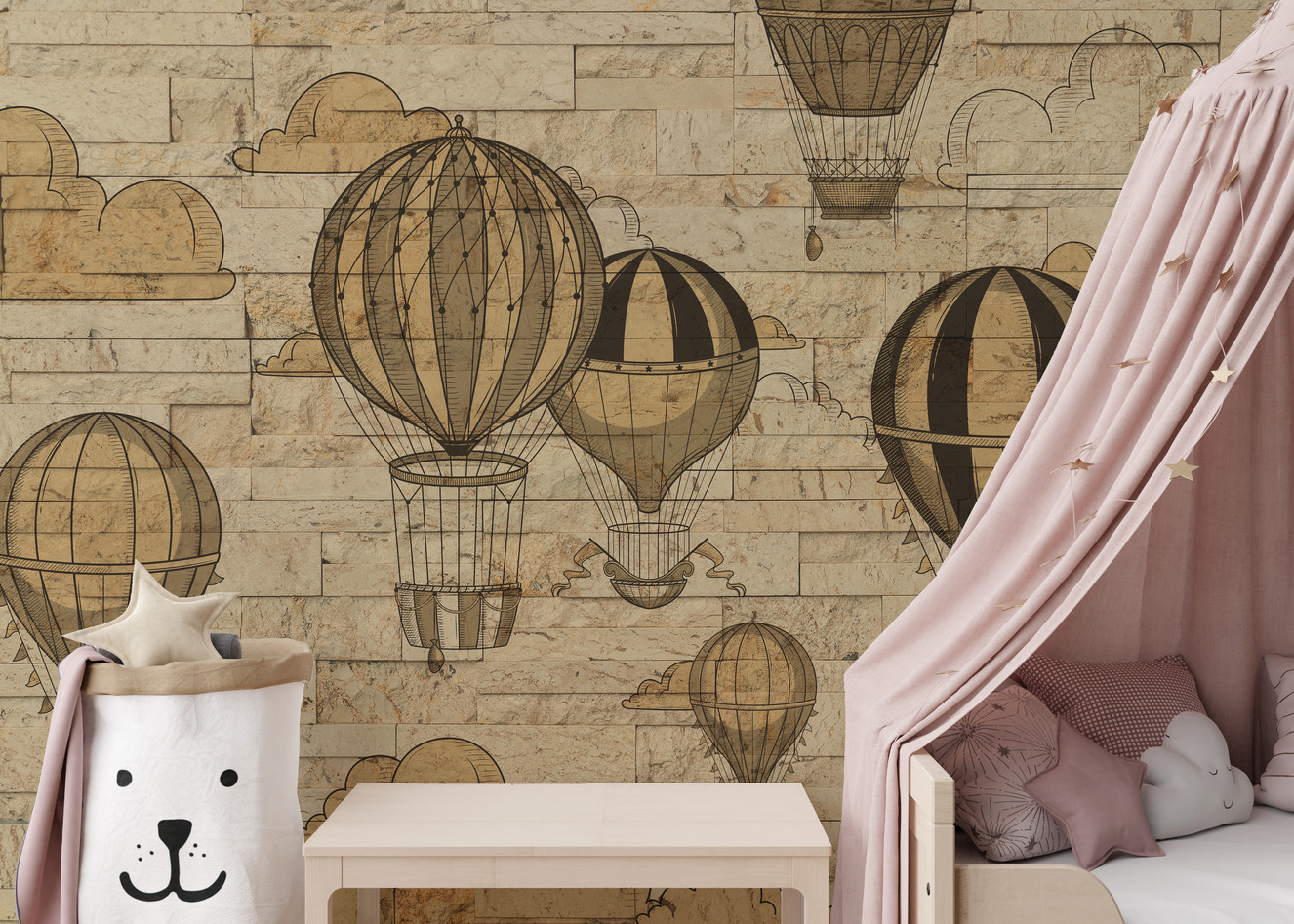 Sky adventures mural with vibrant hot air balloons for walls.