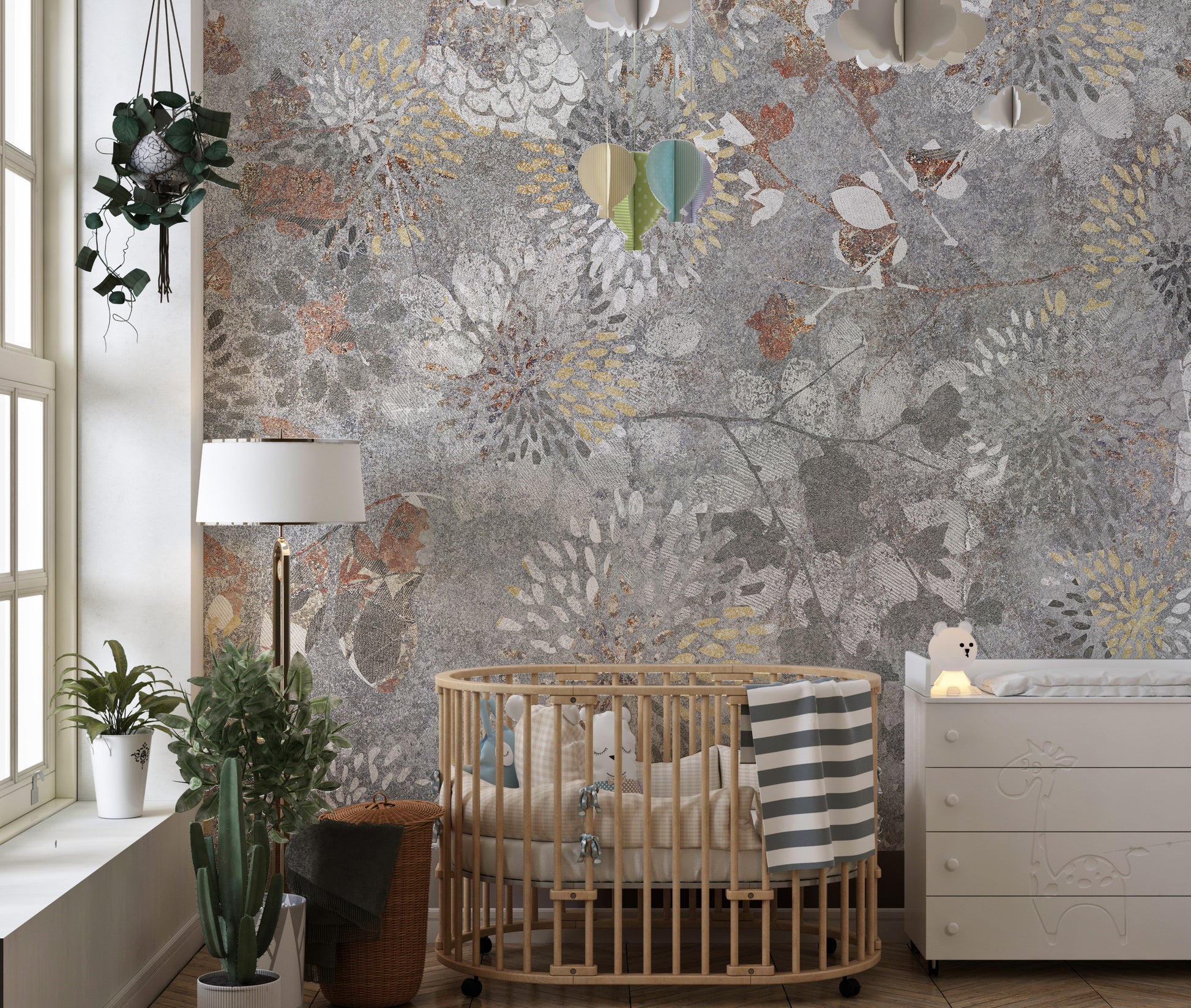 Botanical blooms mural with elegant painted floral patterns.
