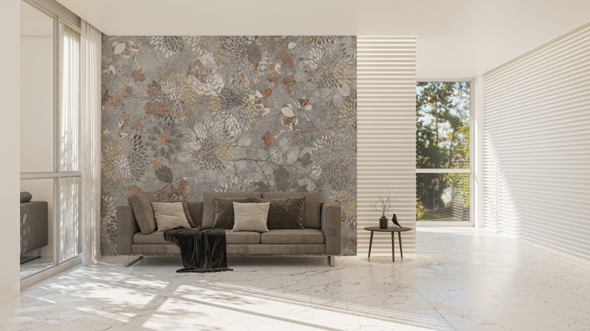 Wall mural with painted botanical blooms for a natural touch.
