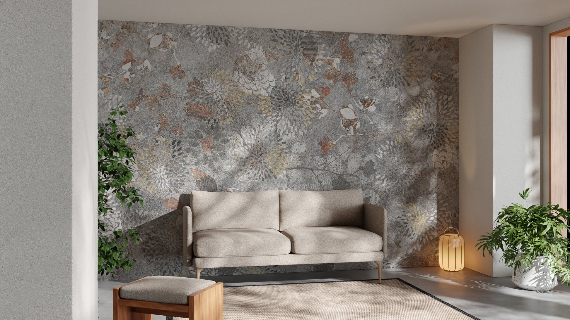 Elegant wall mural with painted botanical blooms for decor.
