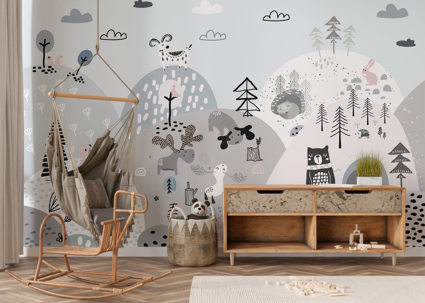 Bright and cheerful hillside mural with playful cartoon animals.



