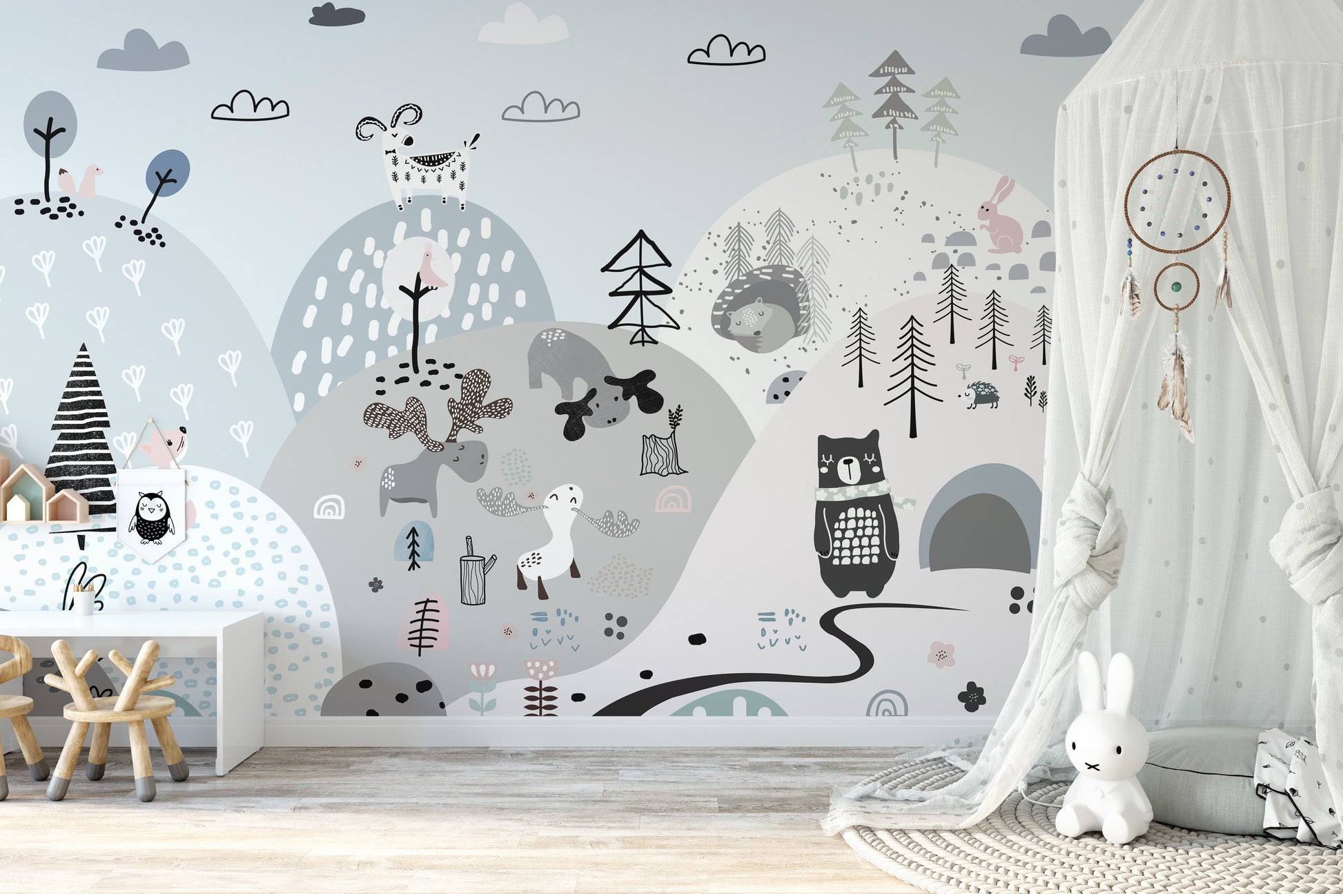 Hillside cartoon creatures mural for playful and creative interiors.
