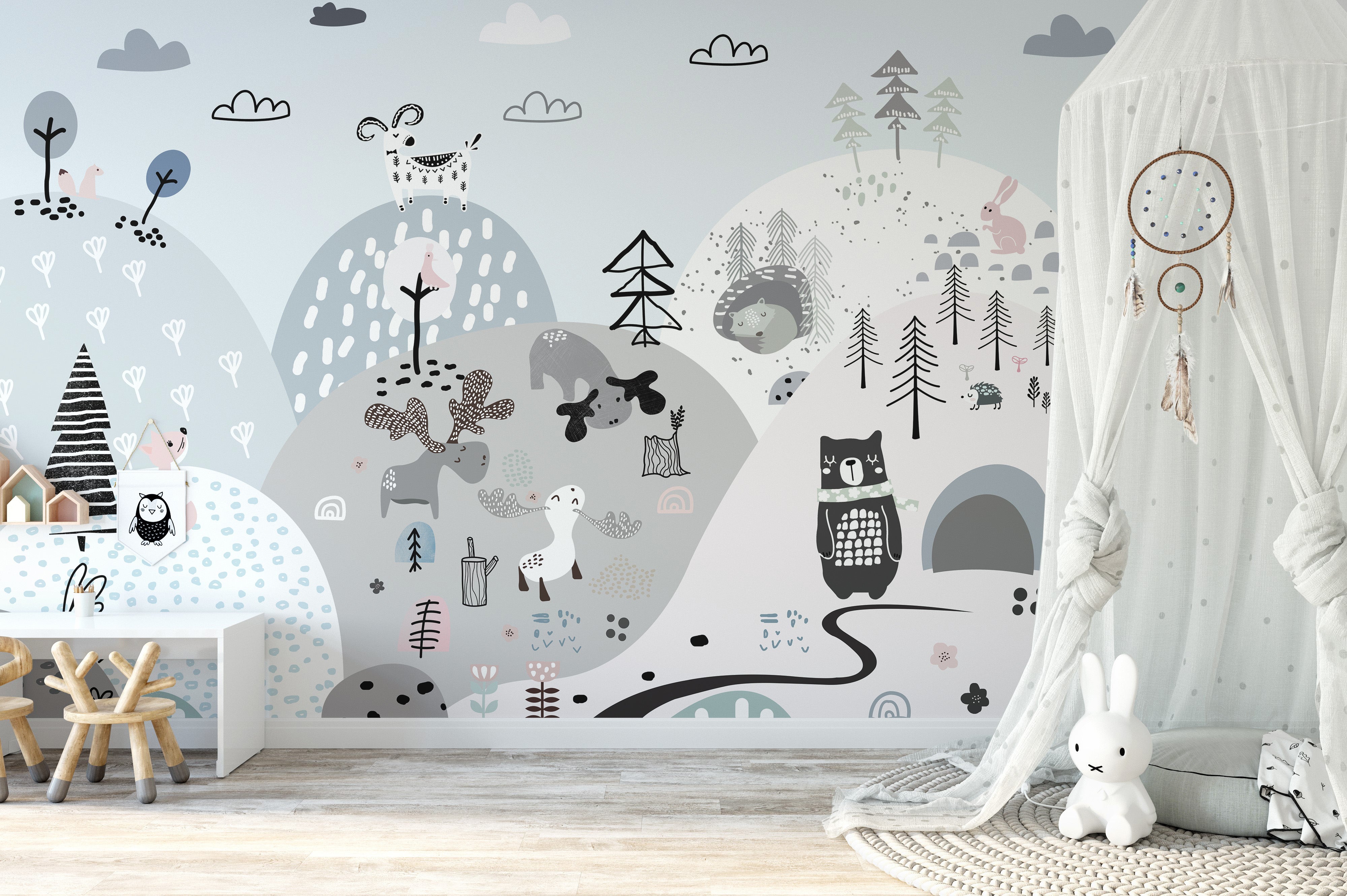 Hillside cartoon creatures mural for playful and creative interiors.
