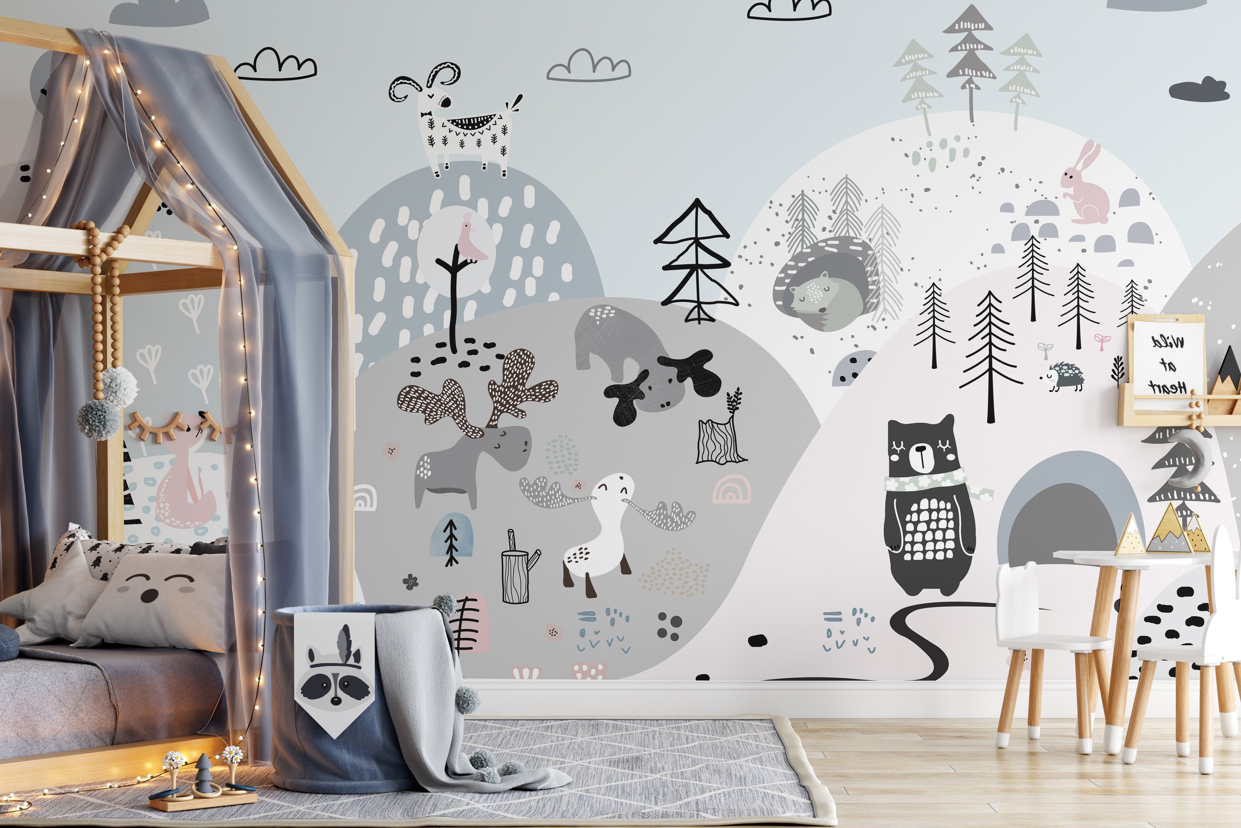 Hillside mural showcasing vibrant cartoon animals for fun decor.
