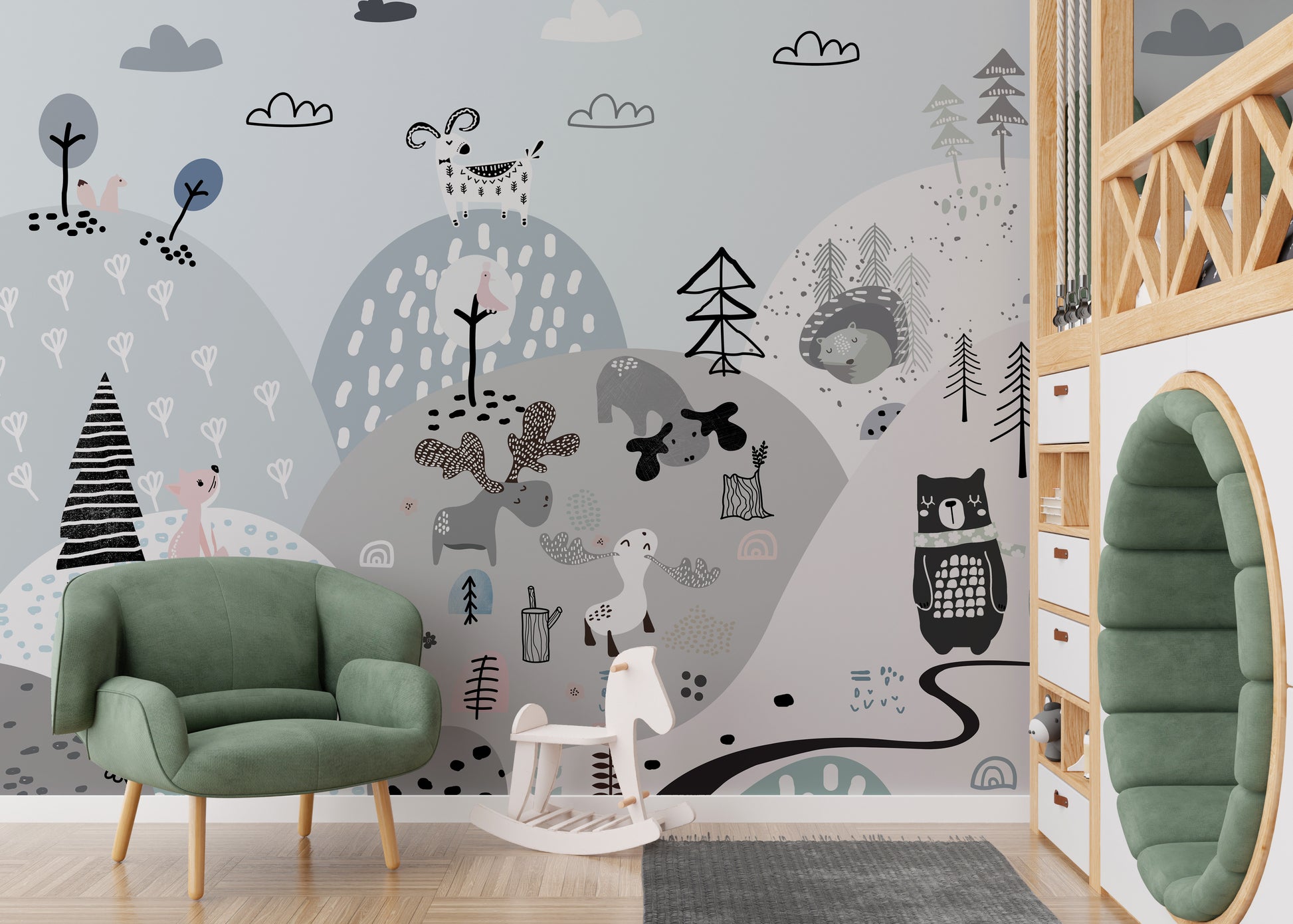 Cartoon creatures mural with a whimsical hillside design for kids.
