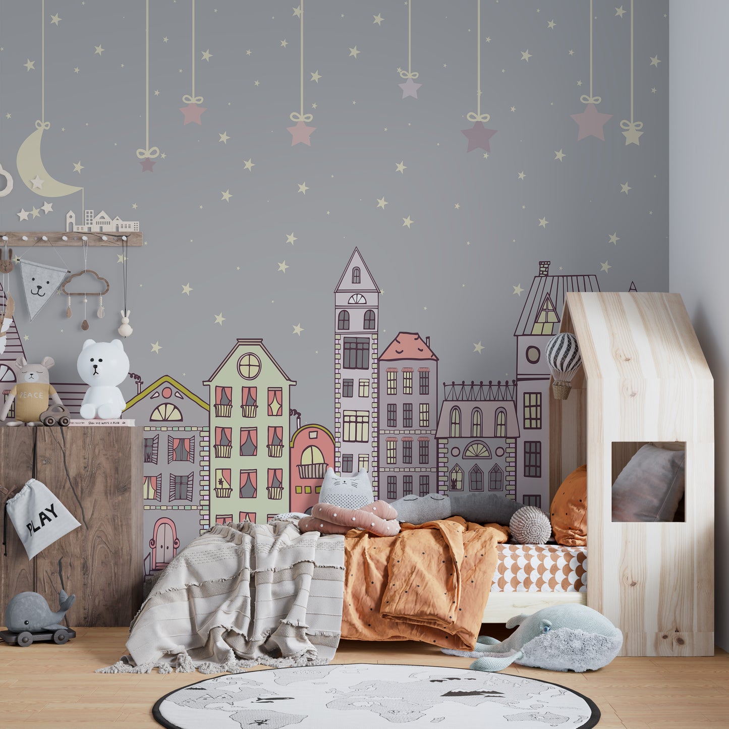 Cuteness quarters mural with playful designs for kids’ spaces.
