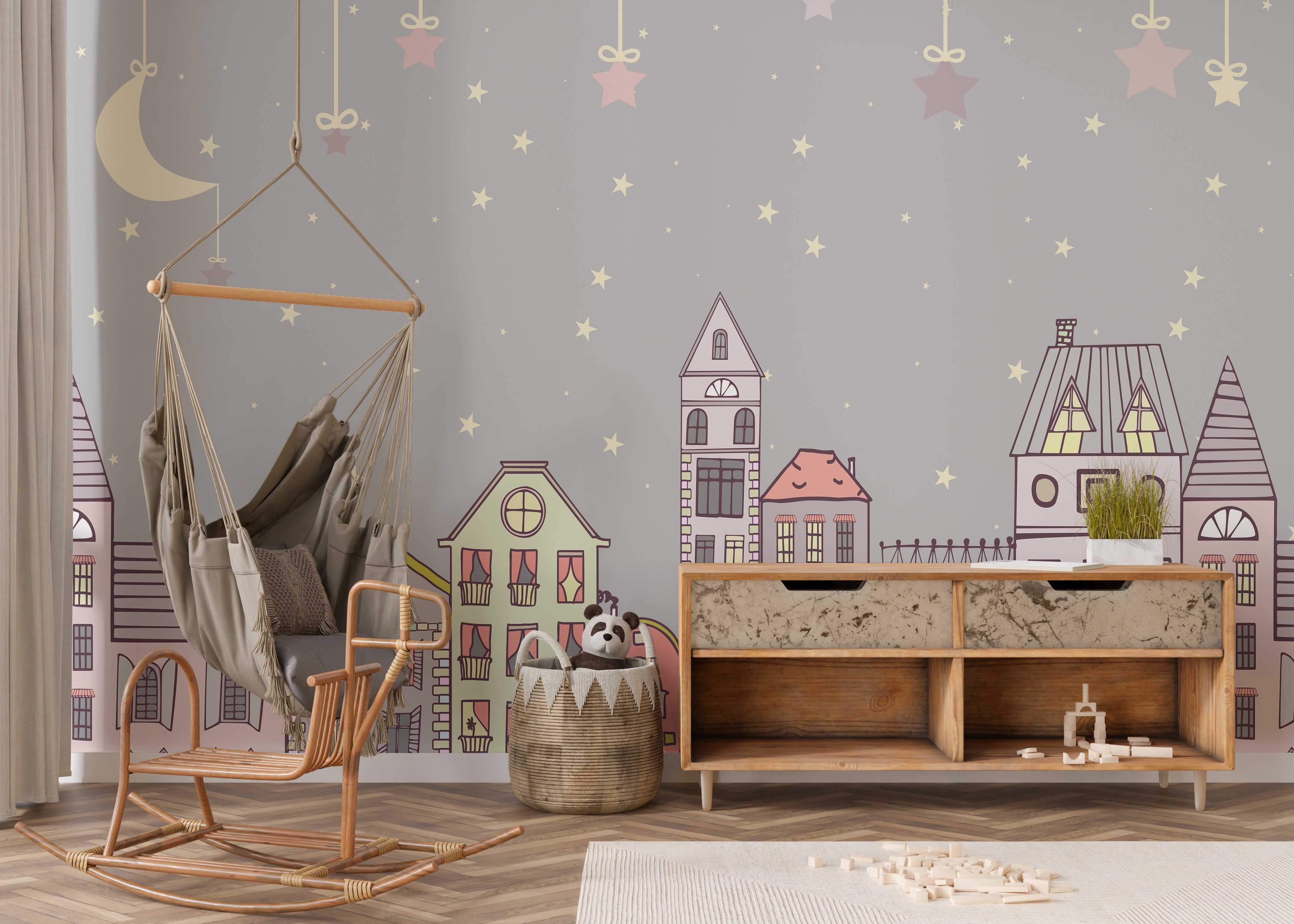 Bright and playful mural with cute designs for cheerful interiors.