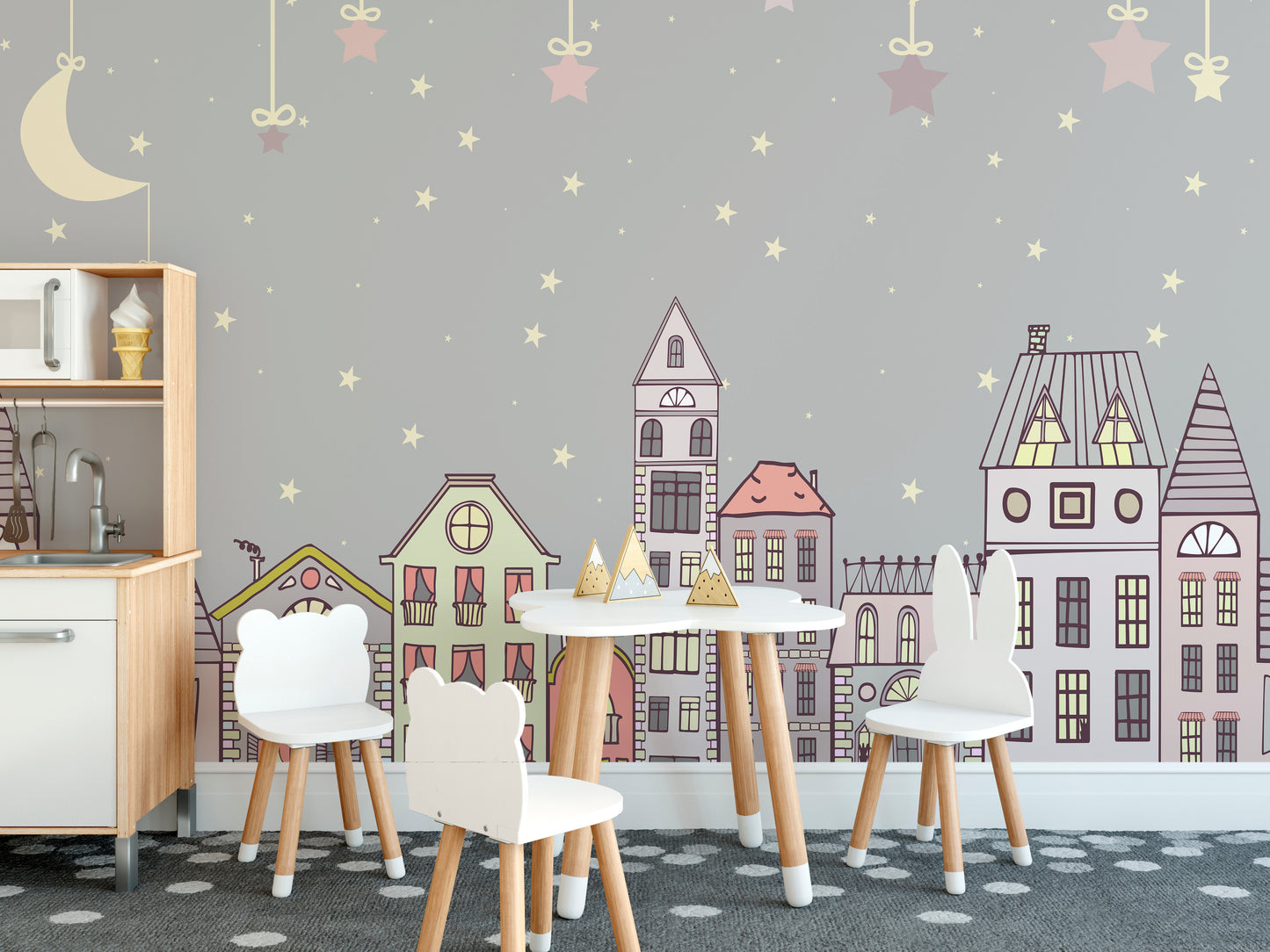 Whimsical mural with adorable patterns for fun and cozy decor.
